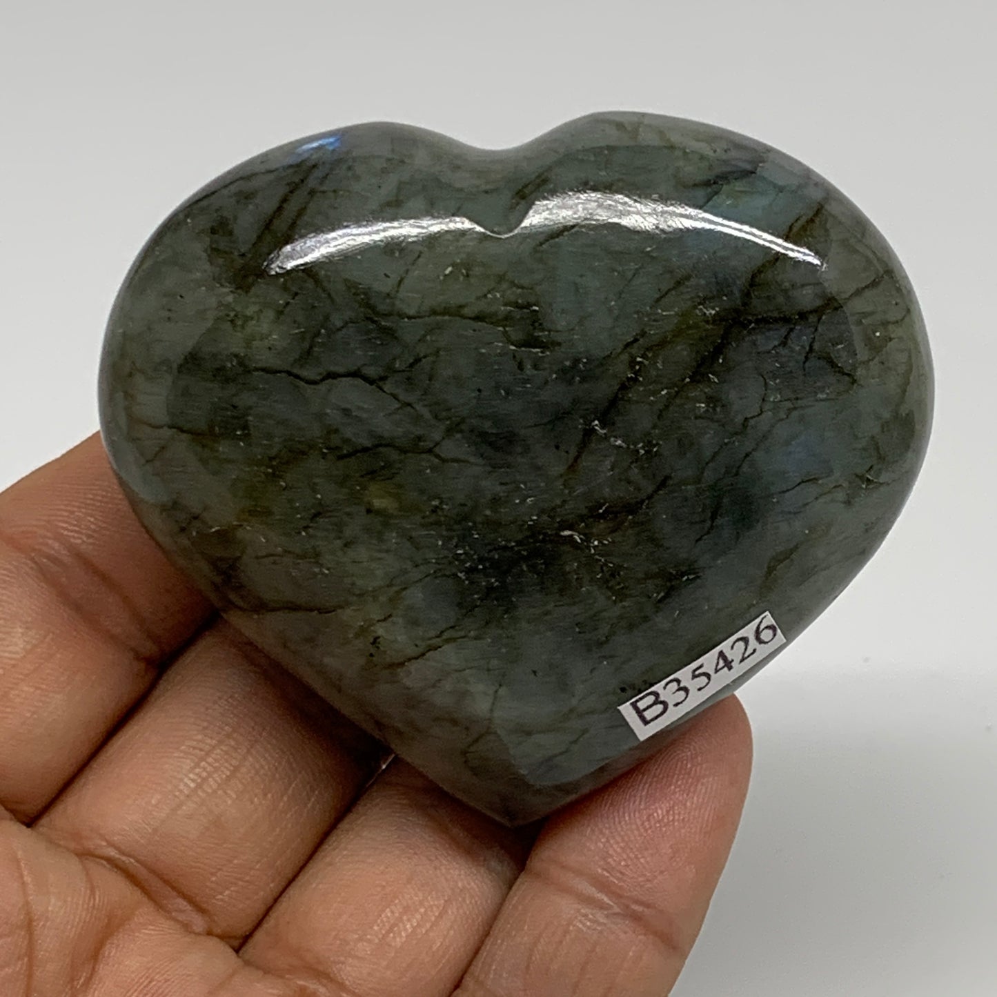 137g, 2.3"x2.5"x1", Natural Labradorite Heart Polished Crystal, B35426