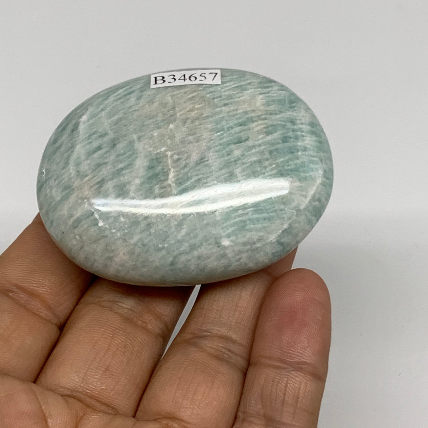84.5g, 2.3"x"1.7"x0.9", Natural Amazonite Palm-Stone Tumbled Polished, B34657