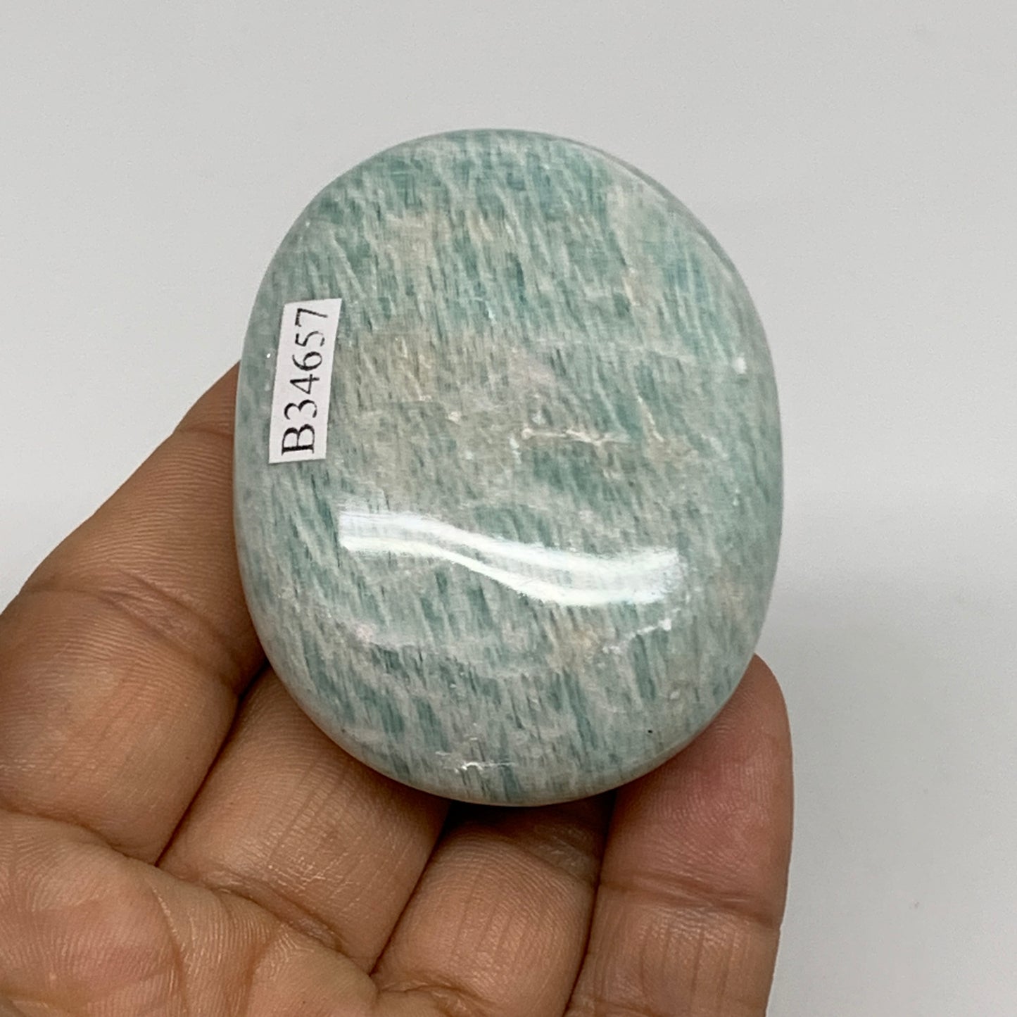 84.5g, 2.3"x"1.7"x0.9", Natural Amazonite Palm-Stone Tumbled Polished, B34657