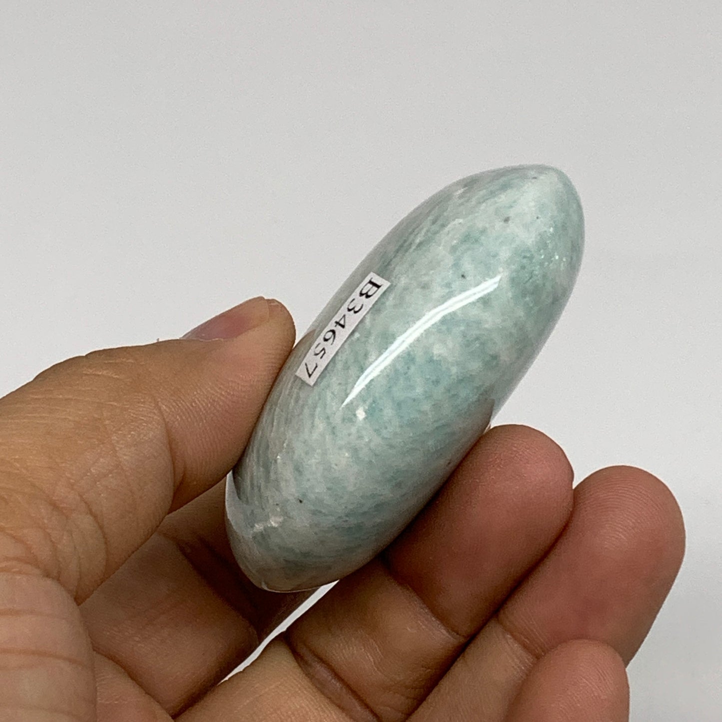 84.5g, 2.3"x"1.7"x0.9", Natural Amazonite Palm-Stone Tumbled Polished, B34657
