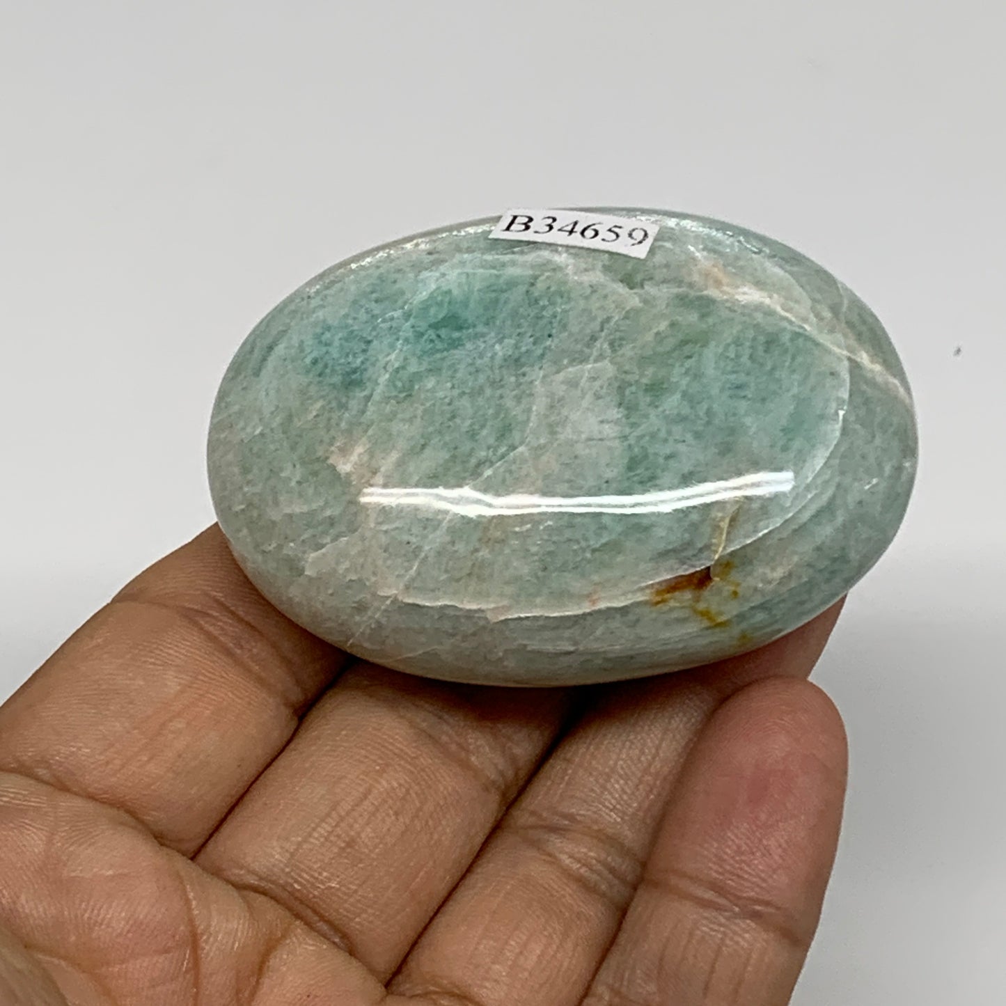94.1g, 2.4"x"x1.8"x0.9", Natural Amazonite Palm-Stone Tumbled Polished, B34659