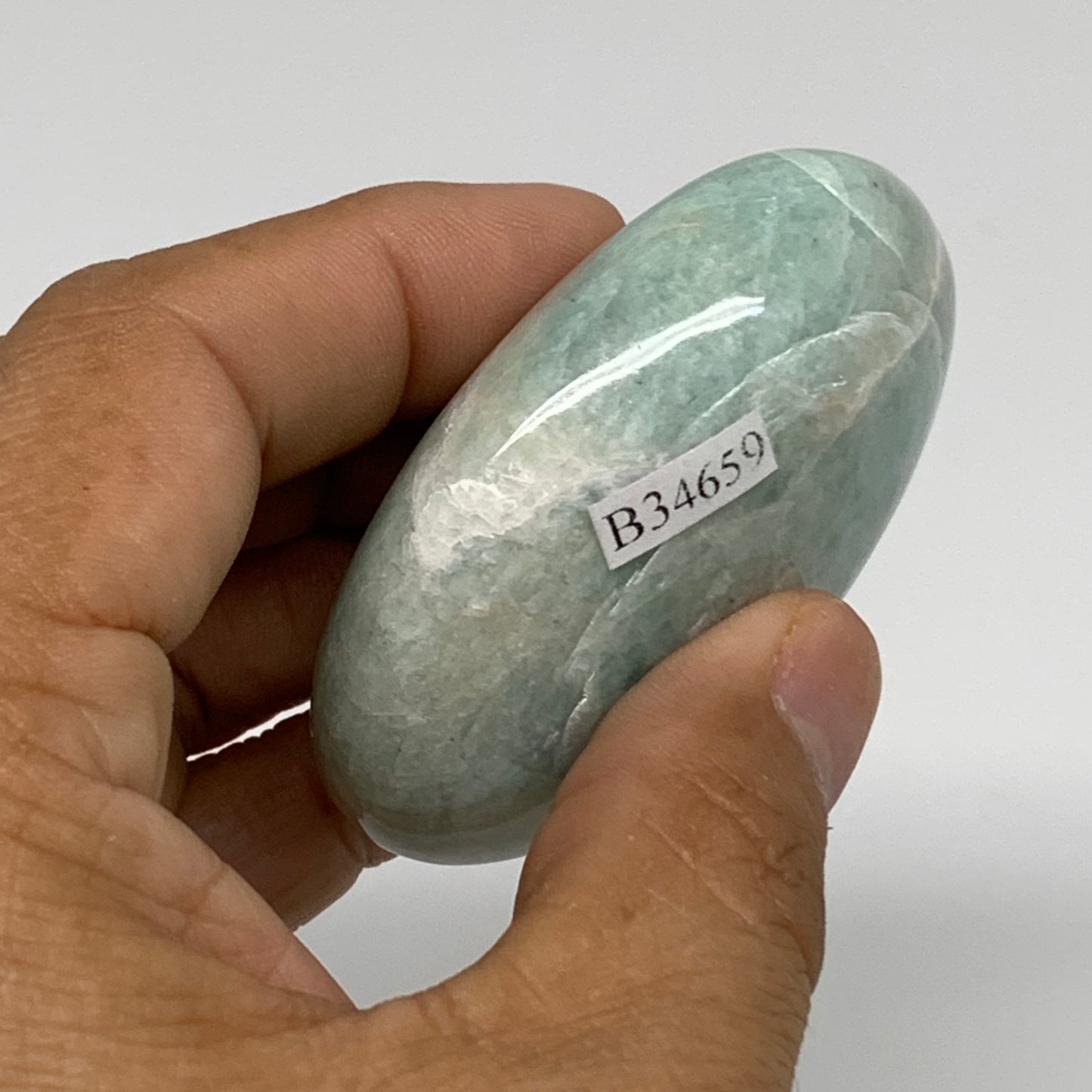94.1g, 2.4"x"x1.8"x0.9", Natural Amazonite Palm-Stone Tumbled Polished, B34659