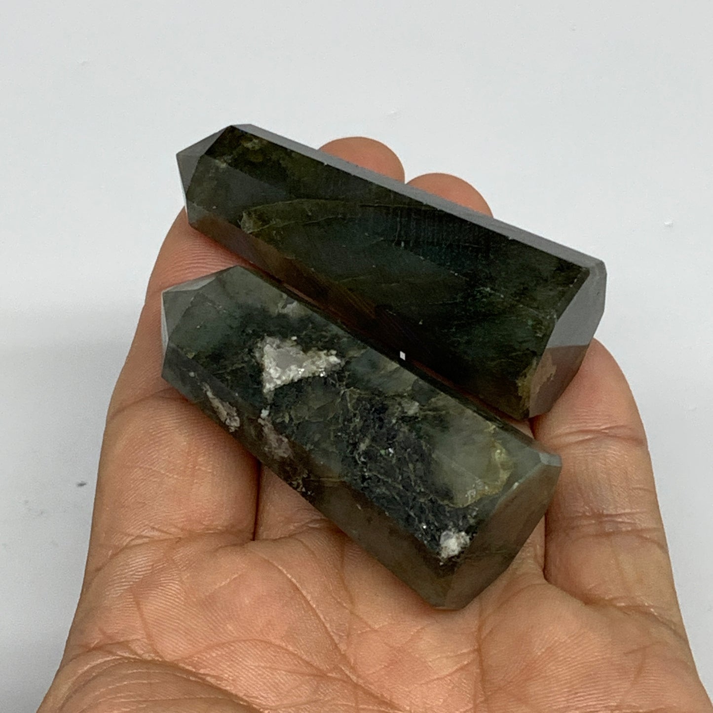 86g, 2.1"-2.4", 2pcs. Labradorite Tower Point Crystal @Madagascar, B31305