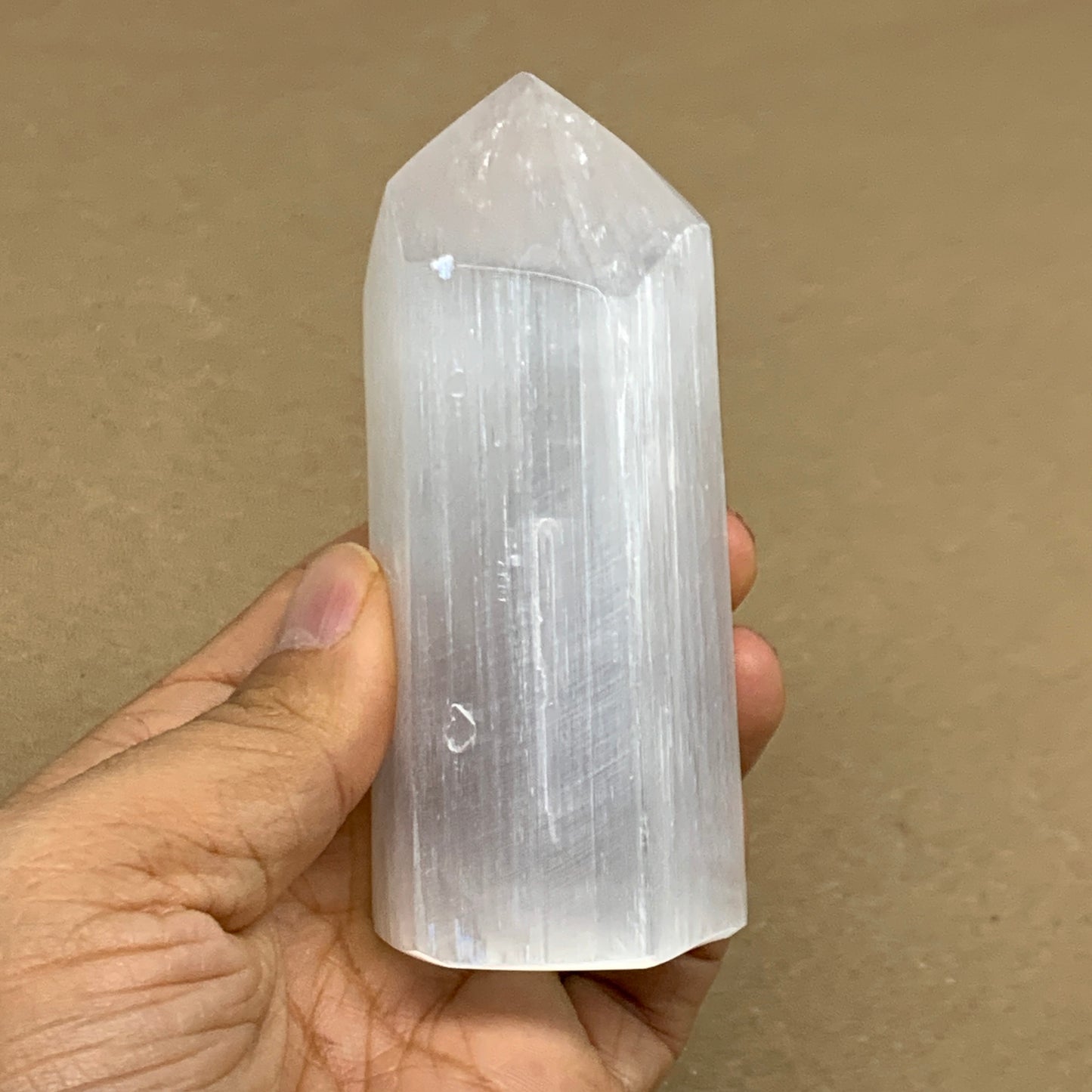208.9g, 3.9"x1.6", Selenite (Satin Spar) Crystal Tower Point, B36035