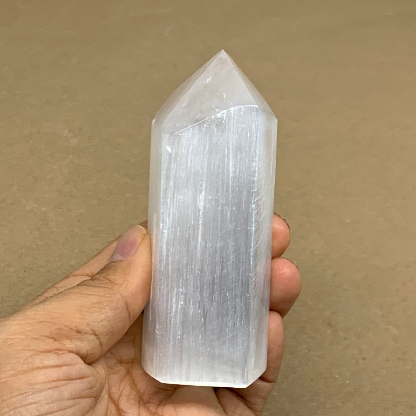 208.9g, 3.9"x1.6", Selenite (Satin Spar) Crystal Tower Point, B36035