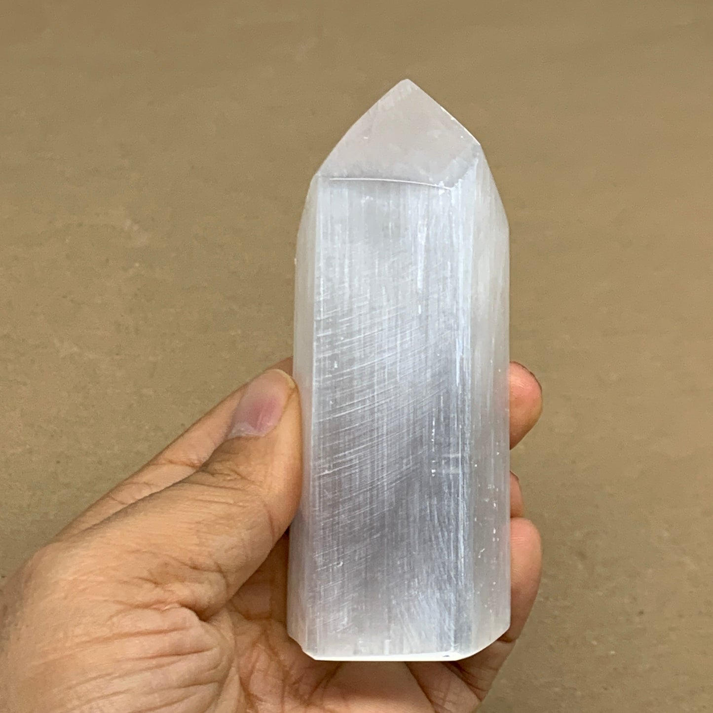 208.9g, 3.9"x1.6", Selenite (Satin Spar) Crystal Tower Point, B36035
