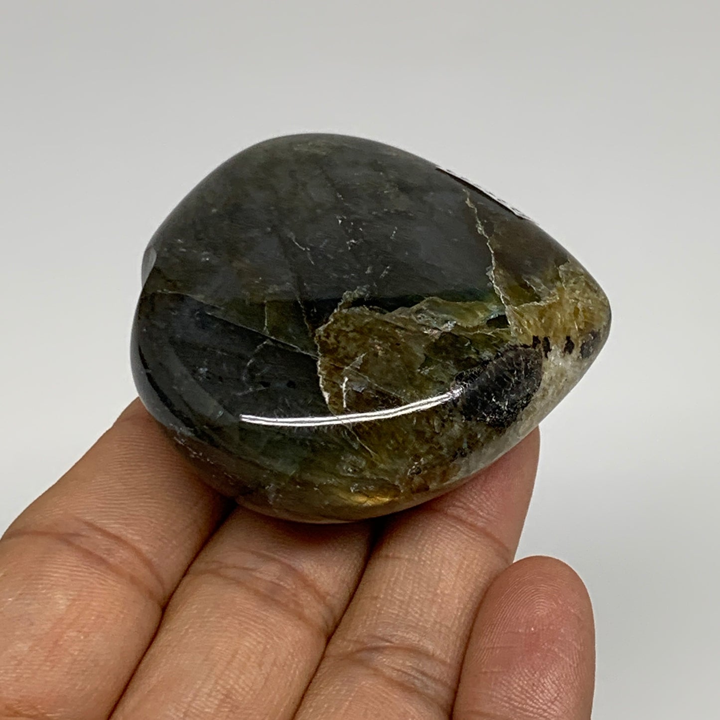 107.2g, 2.1"x2.3"x0.9", Natural Labradorite Heart Polished Crystal, B35432