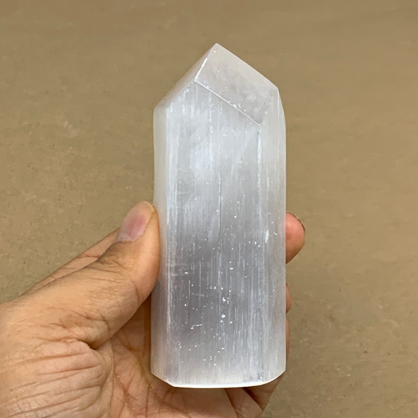 208.9g, 3.9"x1.6", Selenite (Satin Spar) Crystal Tower Point, B36035