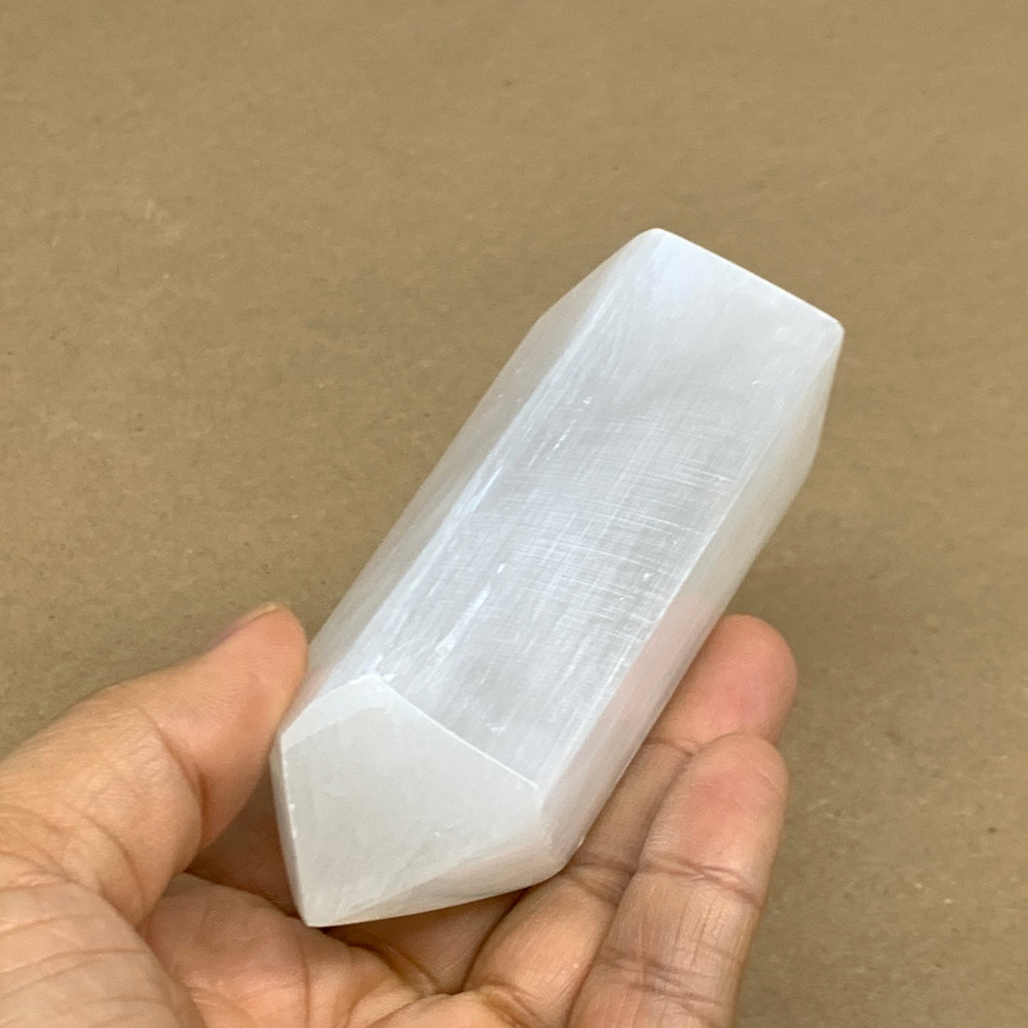 208.9g, 3.9"x1.6", Selenite (Satin Spar) Crystal Tower Point, B36035