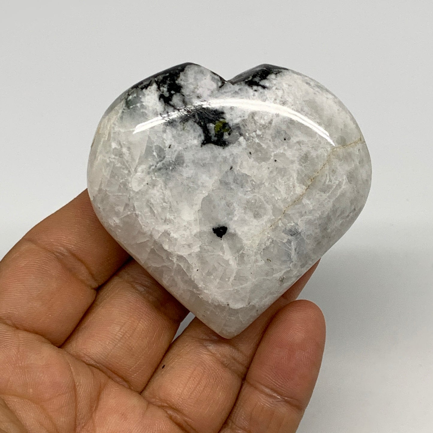 103.1g, 2.3"x2.4"x0.8", Rainbow Moonstone Heart Crystal Gemstone @India, B29744