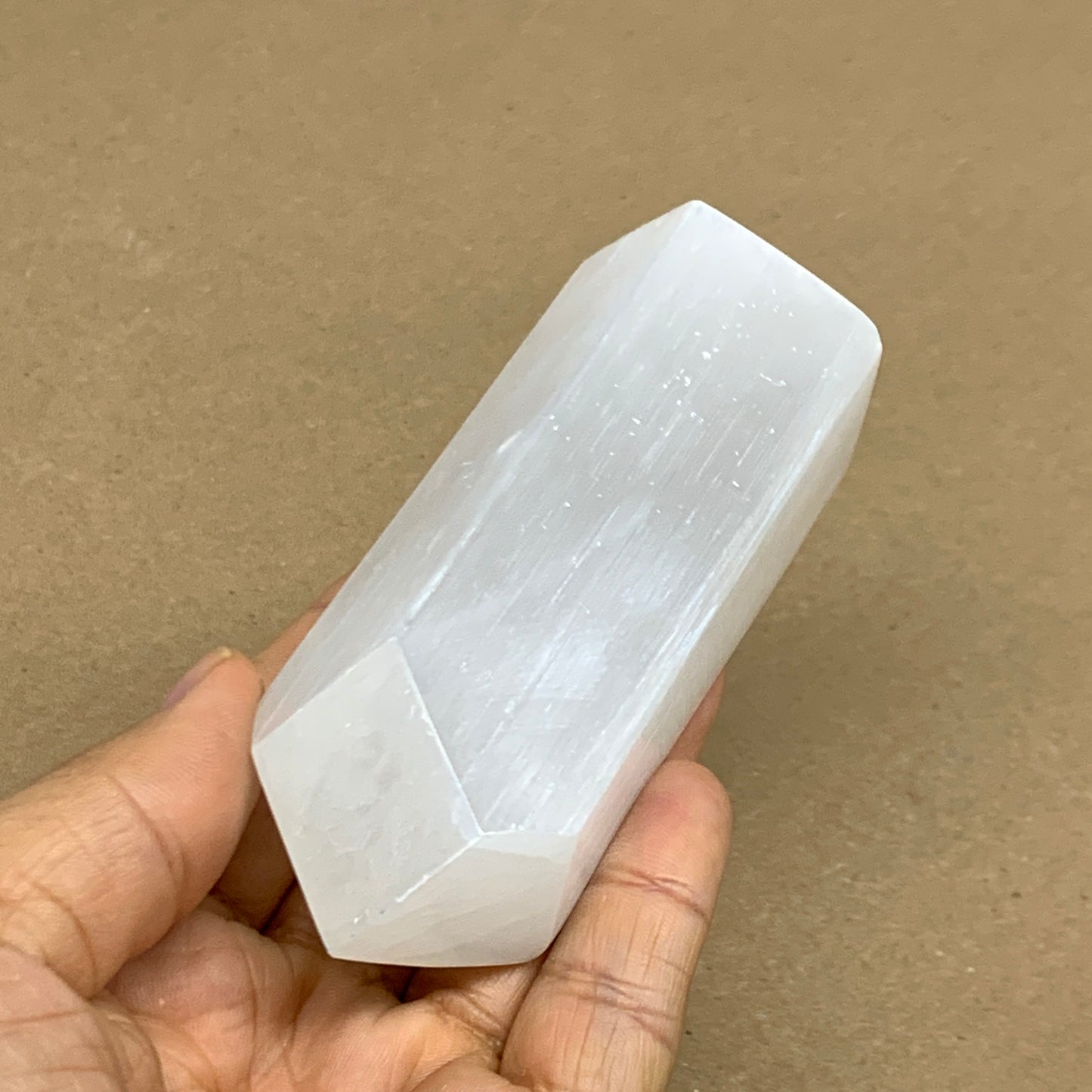 208.9g, 3.9"x1.6", Selenite (Satin Spar) Crystal Tower Point, B36035