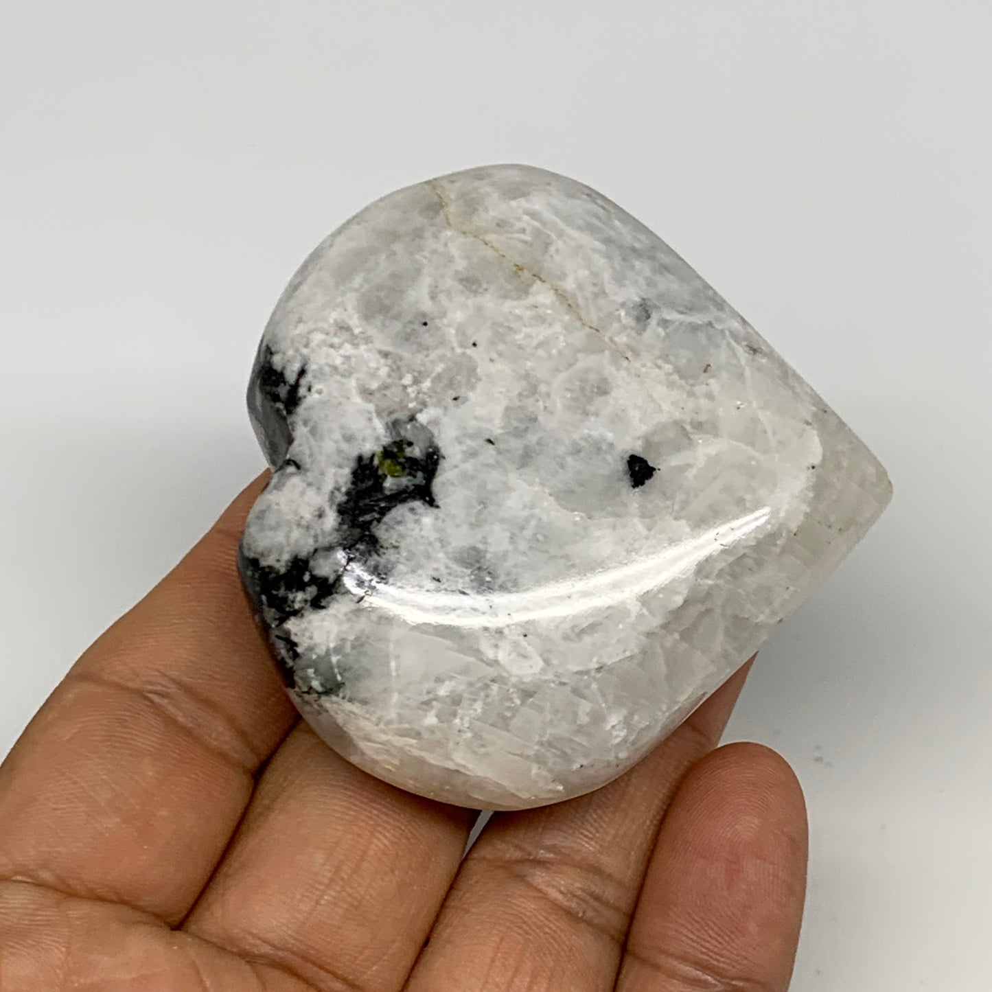 103.1g, 2.3"x2.4"x0.8", Rainbow Moonstone Heart Crystal Gemstone @India, B29744