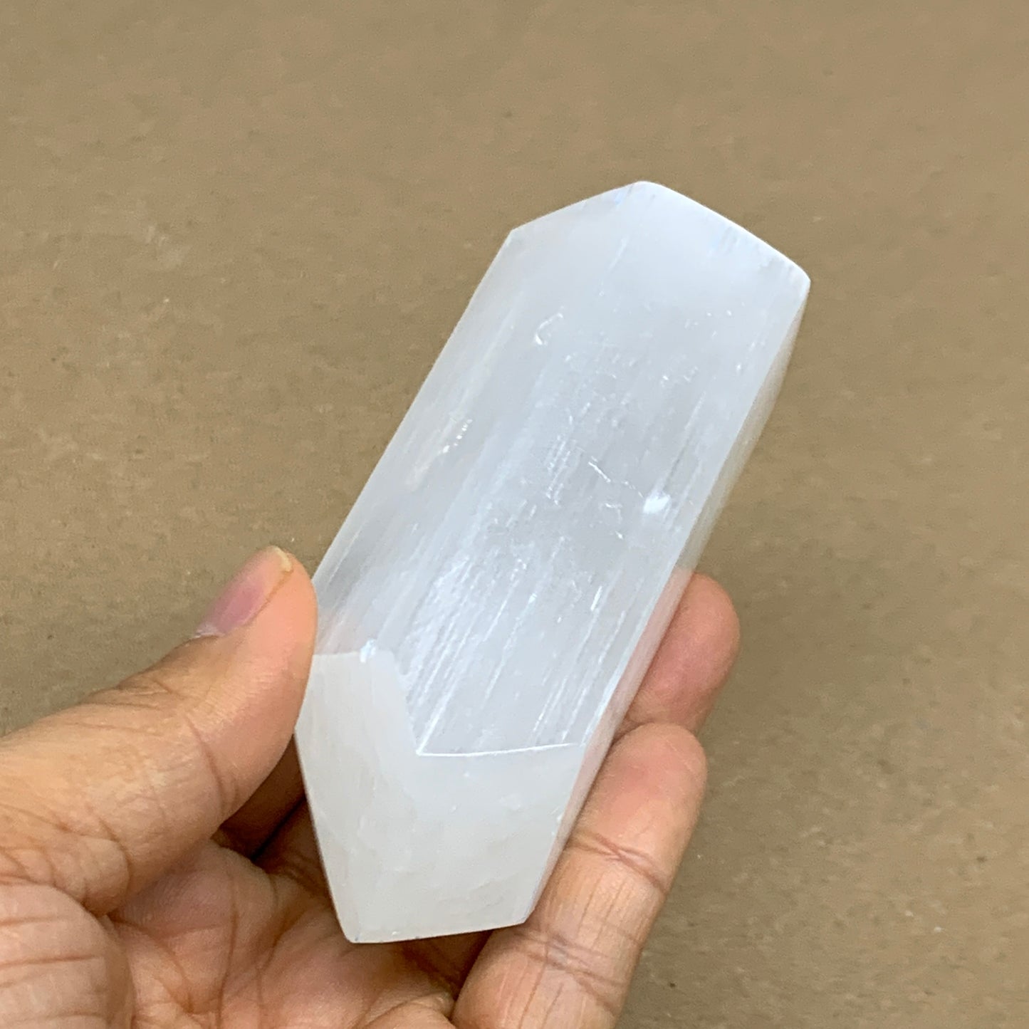 208.9g, 3.9"x1.6", Selenite (Satin Spar) Crystal Tower Point, B36035