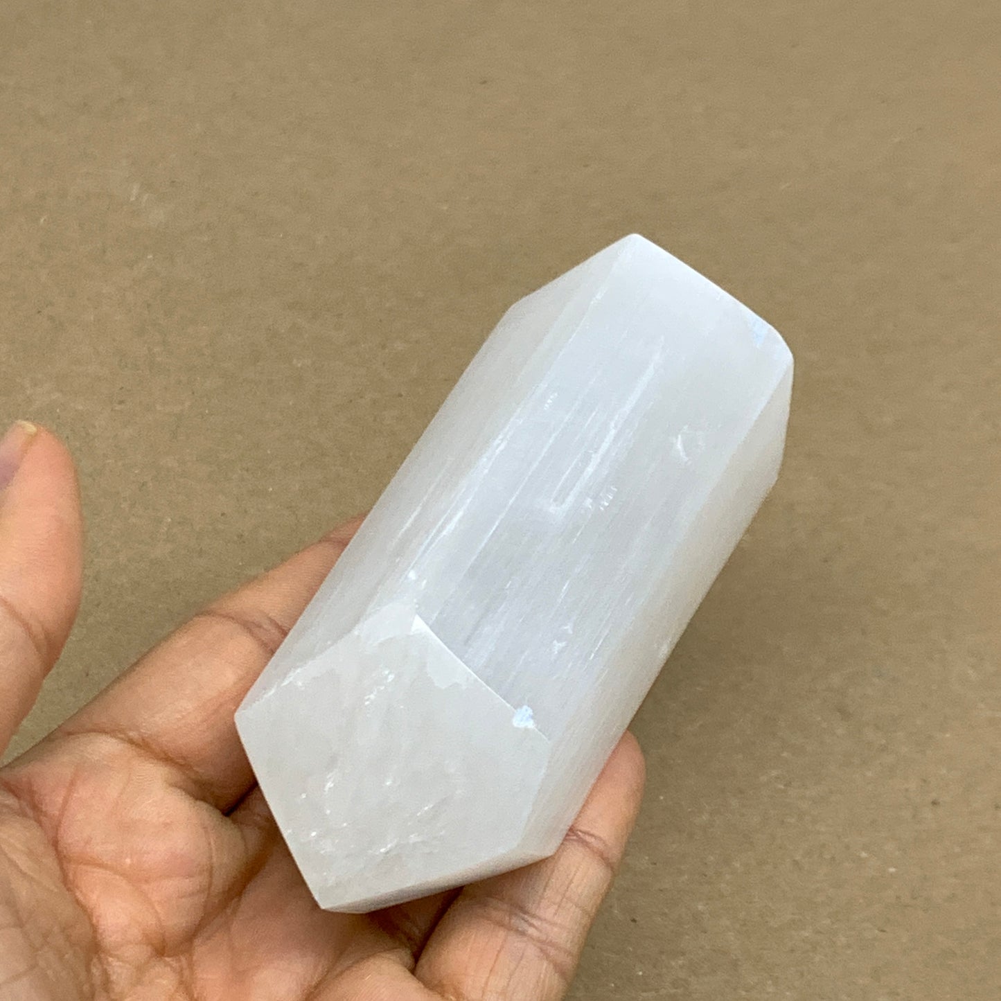 208.9g, 3.9"x1.6", Selenite (Satin Spar) Crystal Tower Point, B36035