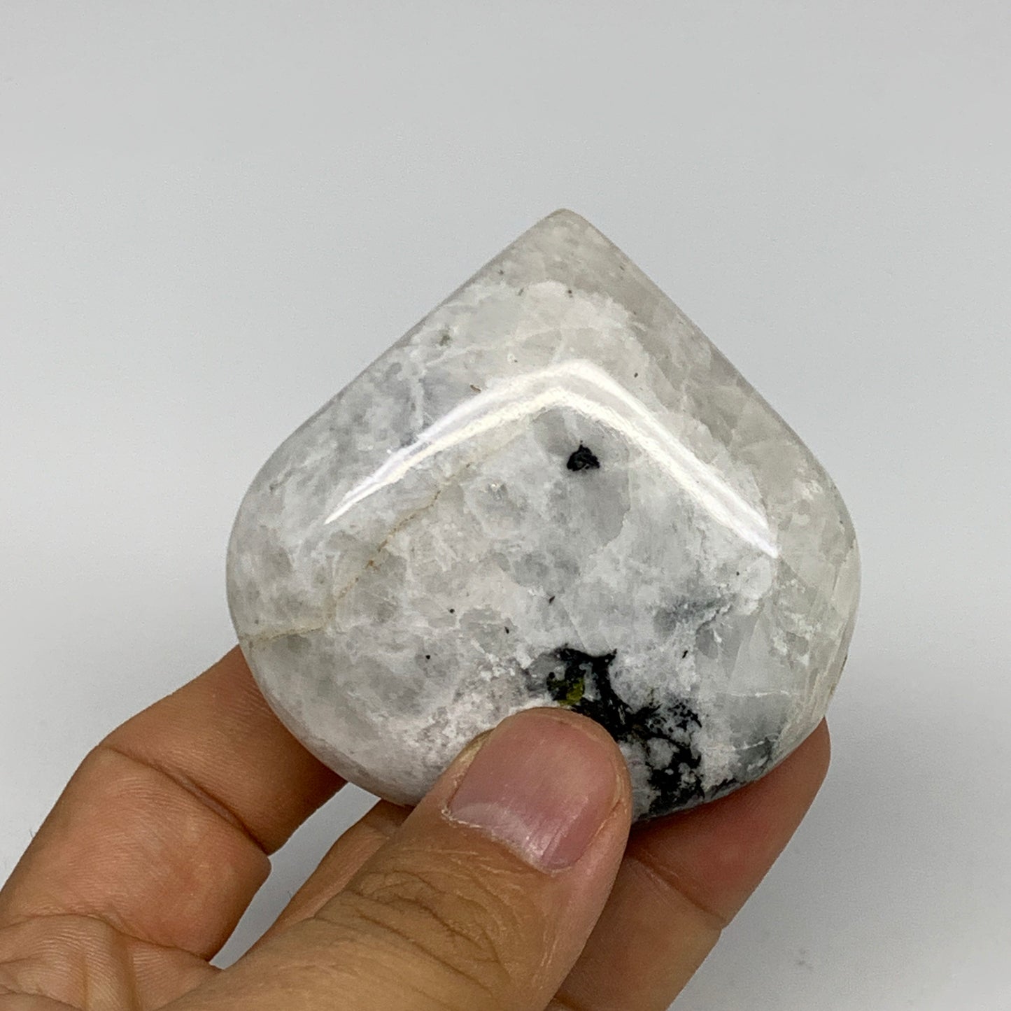 103.1g, 2.3"x2.4"x0.8", Rainbow Moonstone Heart Crystal Gemstone @India, B29744