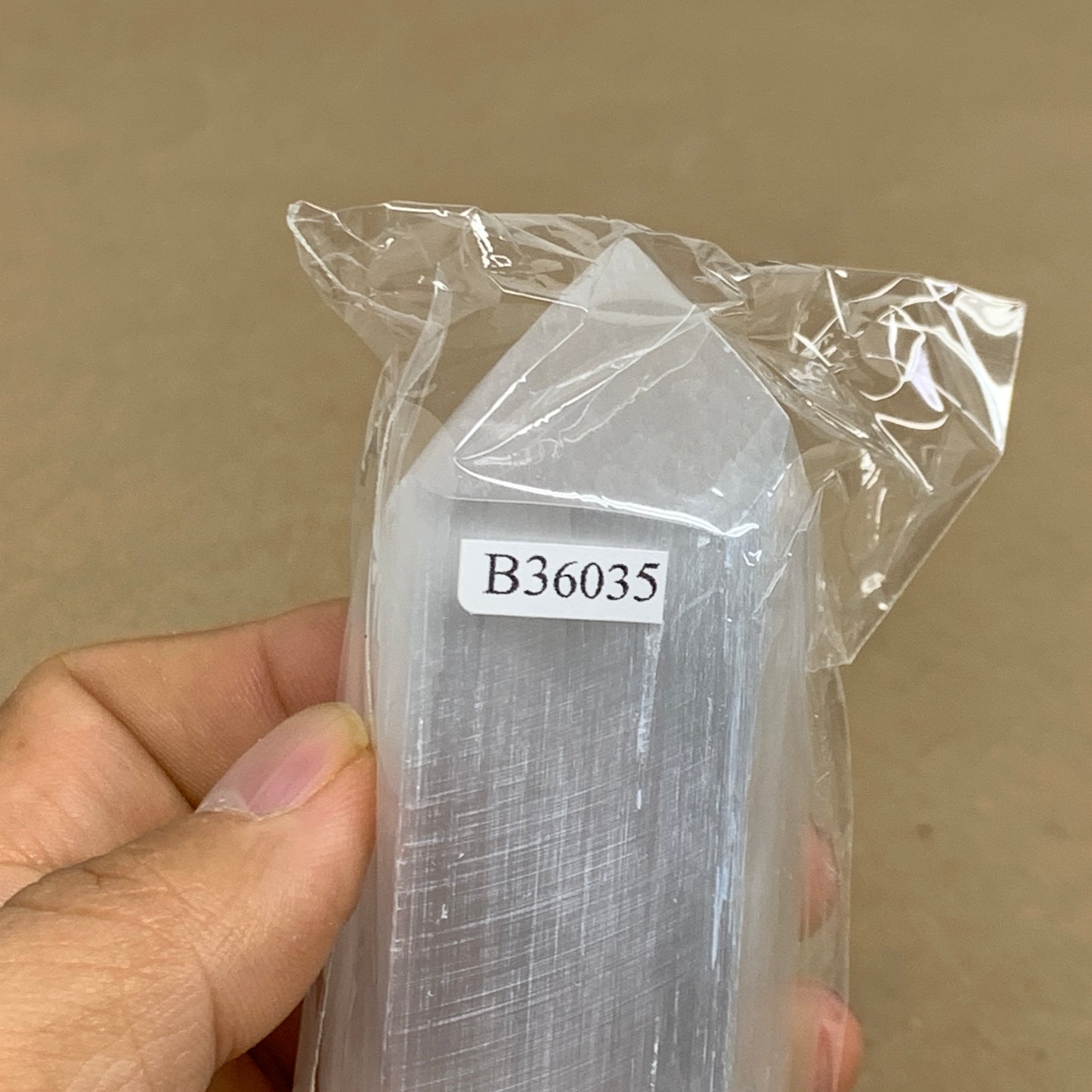 208.9g, 3.9"x1.6", Selenite (Satin Spar) Crystal Tower Point, B36035