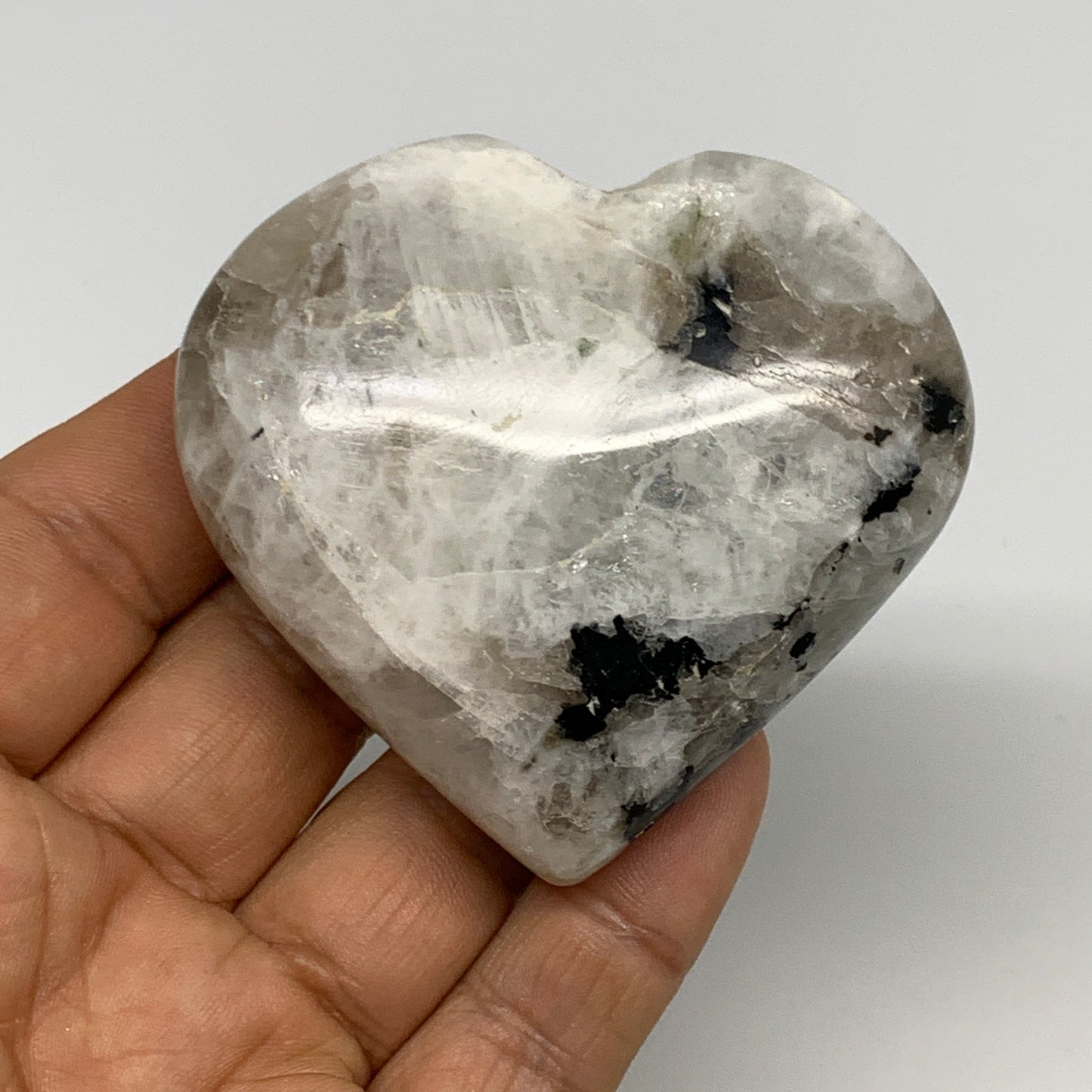 123.7g, 2.3"x2.6"x0.9", Rainbow Moonstone Heart Crystal Gemstone @India, B29746