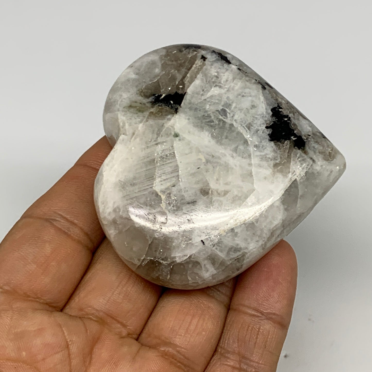 123.7g, 2.3"x2.6"x0.9", Rainbow Moonstone Heart Crystal Gemstone @India, B29746