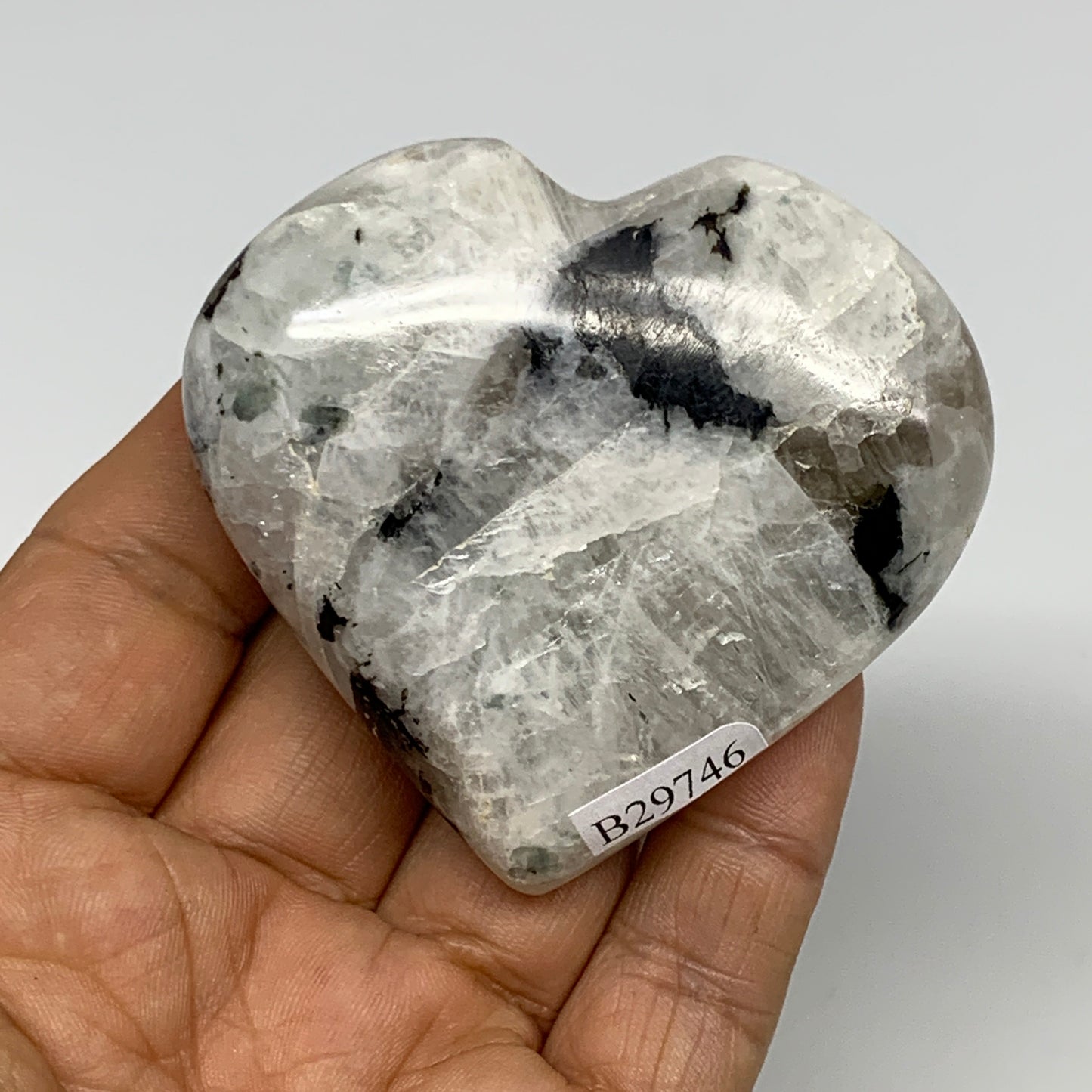 123.7g, 2.3"x2.6"x0.9", Rainbow Moonstone Heart Crystal Gemstone @India, B29746