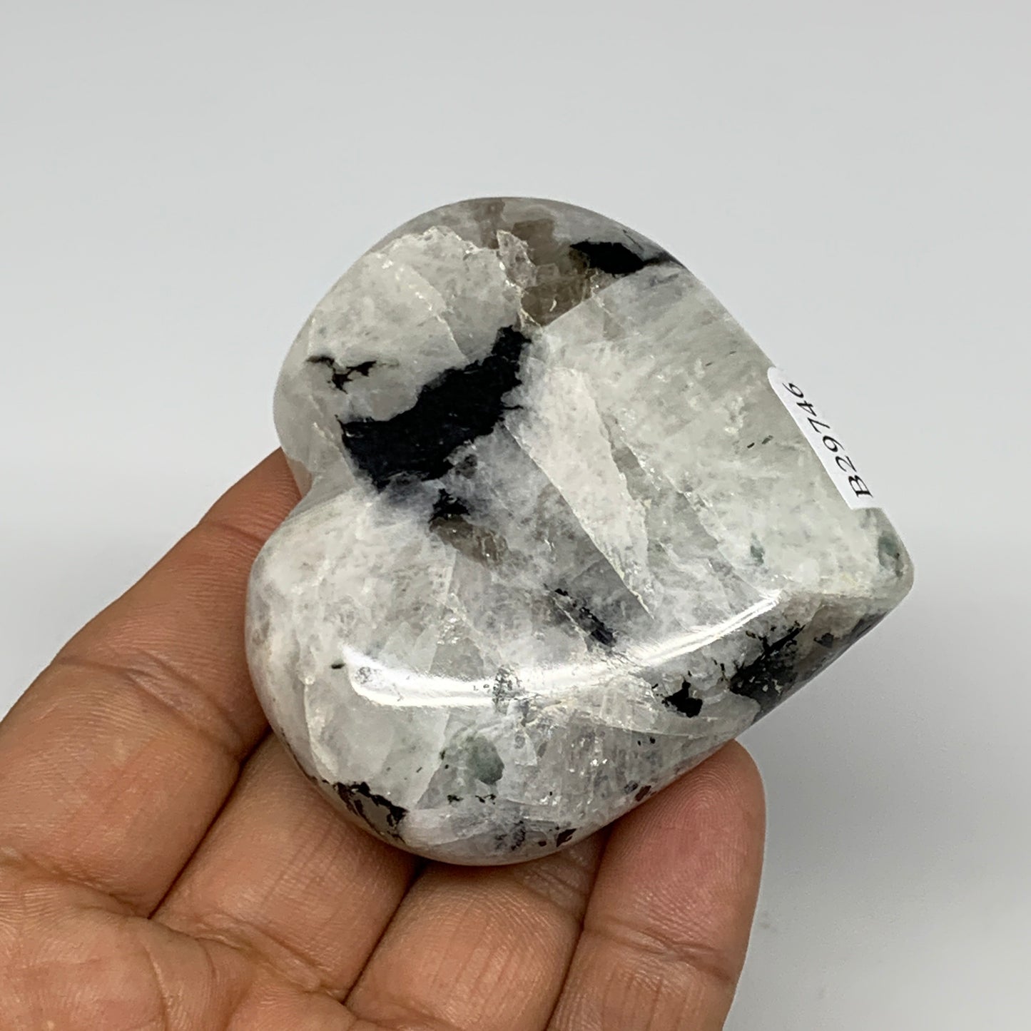 123.7g, 2.3"x2.6"x0.9", Rainbow Moonstone Heart Crystal Gemstone @India, B29746