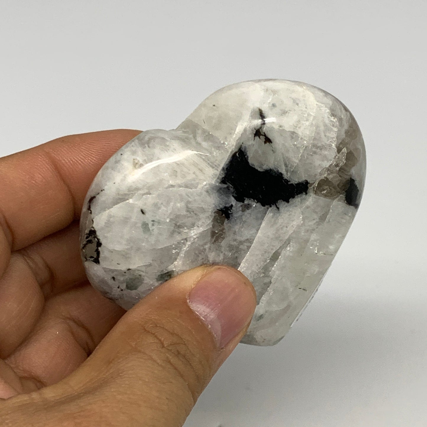 123.7g, 2.3"x2.6"x0.9", Rainbow Moonstone Heart Crystal Gemstone @India, B29746