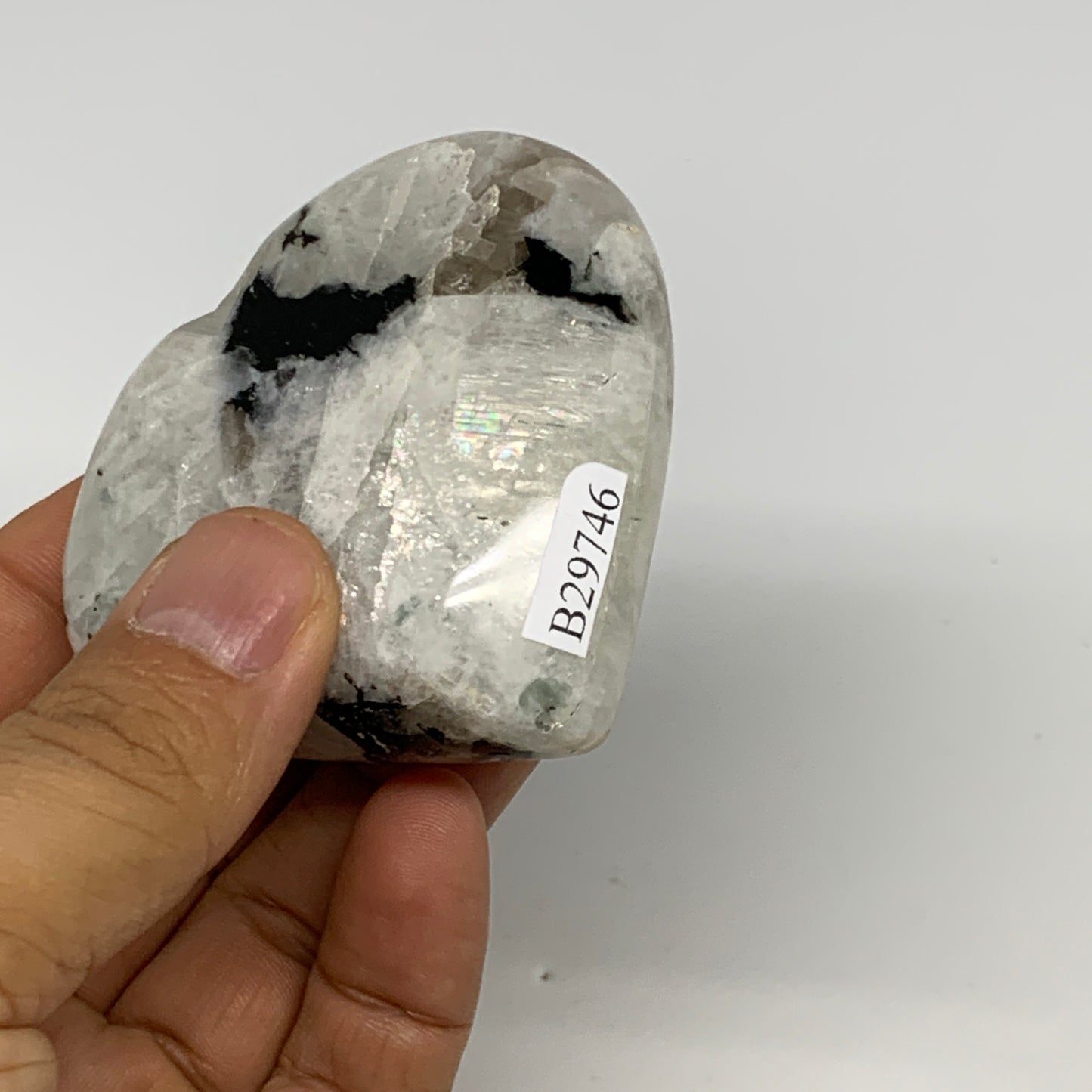 123.7g, 2.3"x2.6"x0.9", Rainbow Moonstone Heart Crystal Gemstone @India, B29746