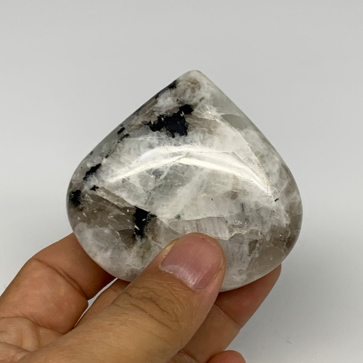 123.7g, 2.3"x2.6"x0.9", Rainbow Moonstone Heart Crystal Gemstone @India, B29746