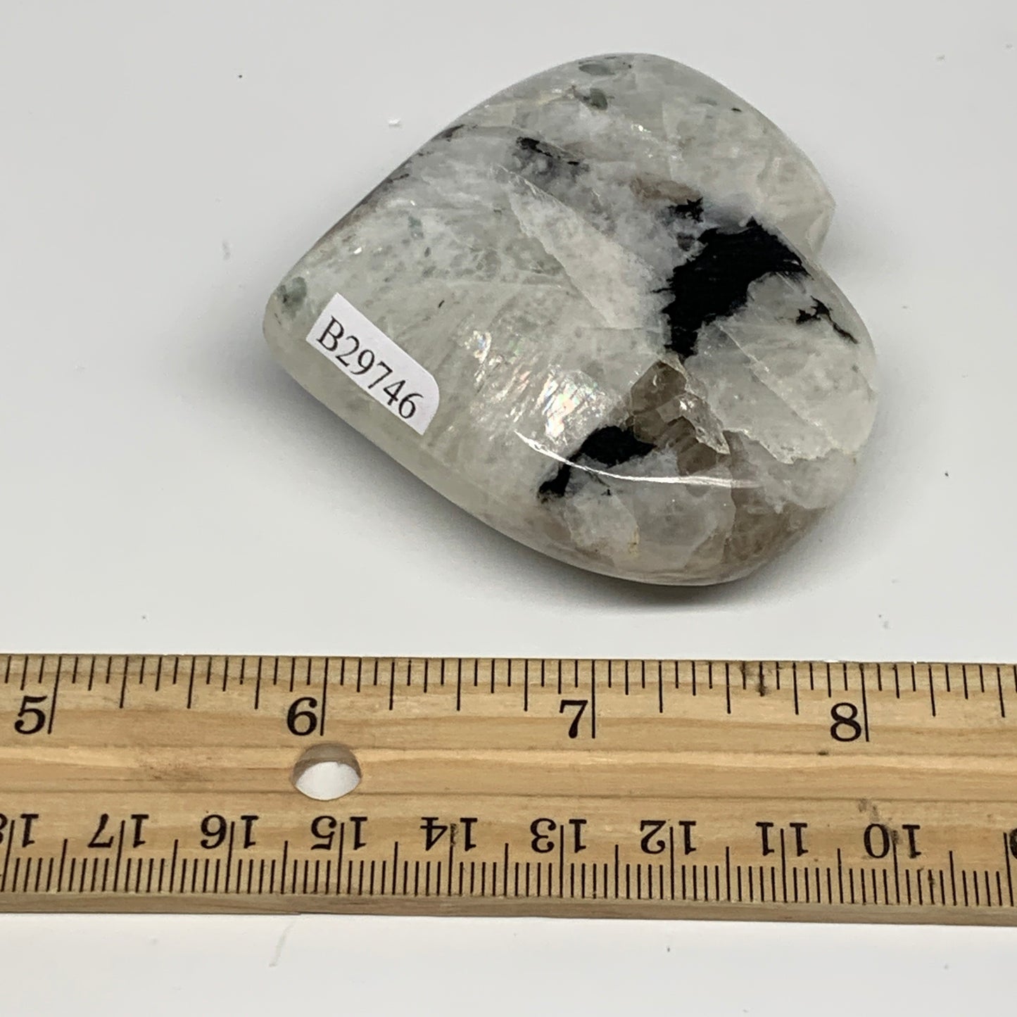 123.7g, 2.3"x2.6"x0.9", Rainbow Moonstone Heart Crystal Gemstone @India, B29746