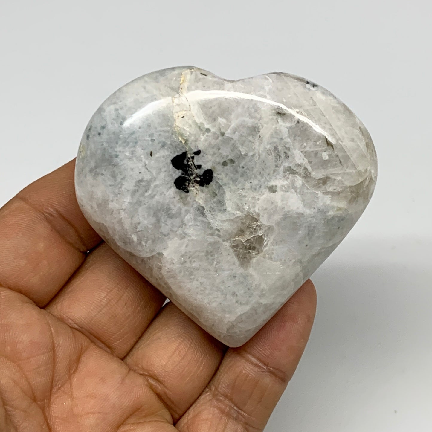 114.6g, 2.3"x2.5"x0.8", Rainbow Moonstone Heart Crystal Gemstone @India, B29747