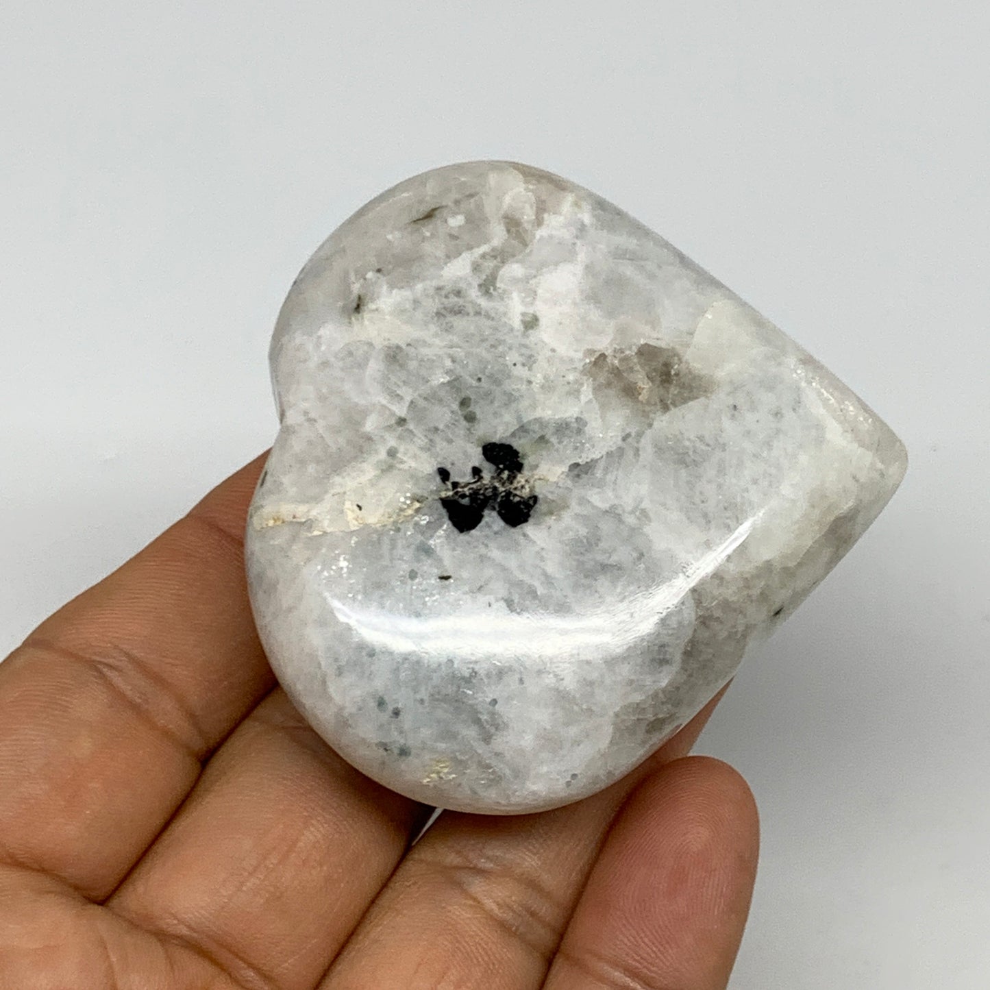 114.6g, 2.3"x2.5"x0.8", Rainbow Moonstone Heart Crystal Gemstone @India, B29747