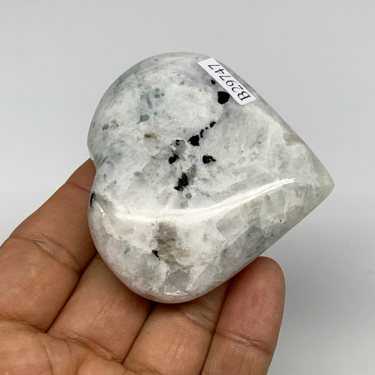 114.6g, 2.3"x2.5"x0.8", Rainbow Moonstone Heart Crystal Gemstone @India, B29747