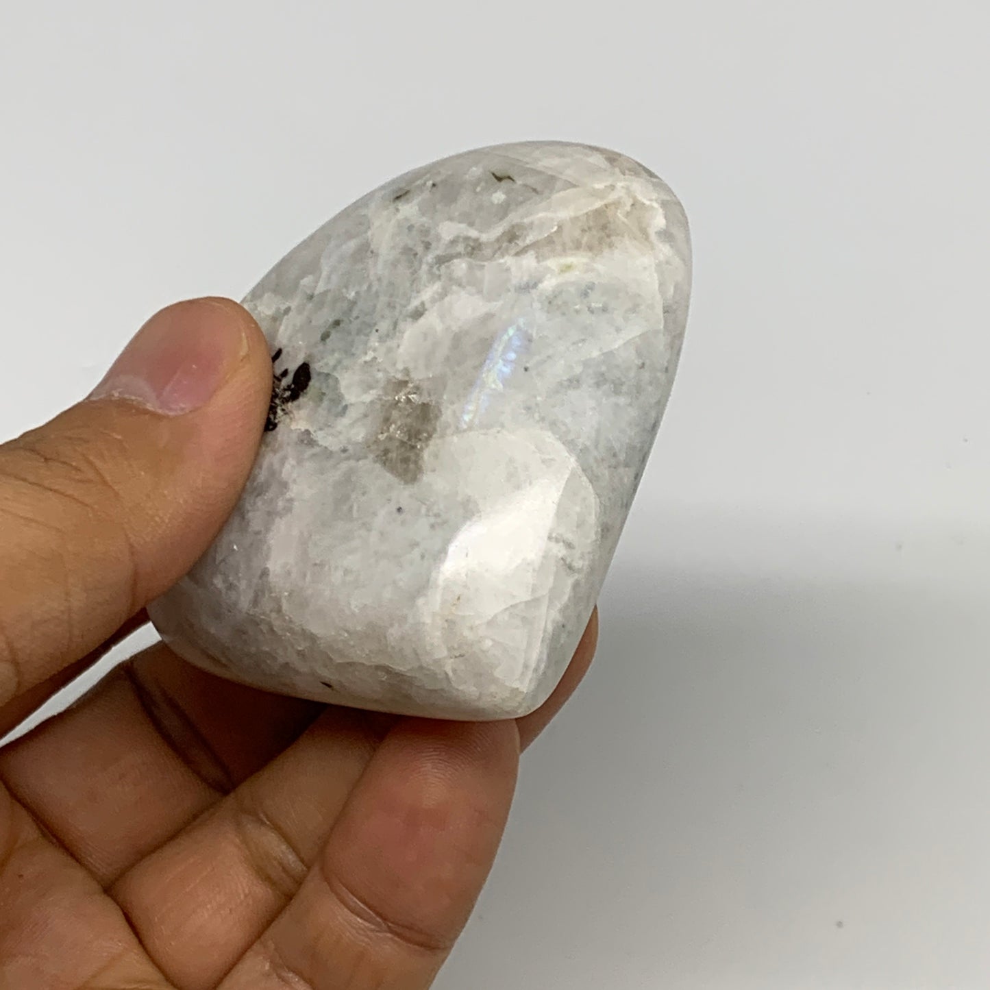 114.6g, 2.3"x2.5"x0.8", Rainbow Moonstone Heart Crystal Gemstone @India, B29747