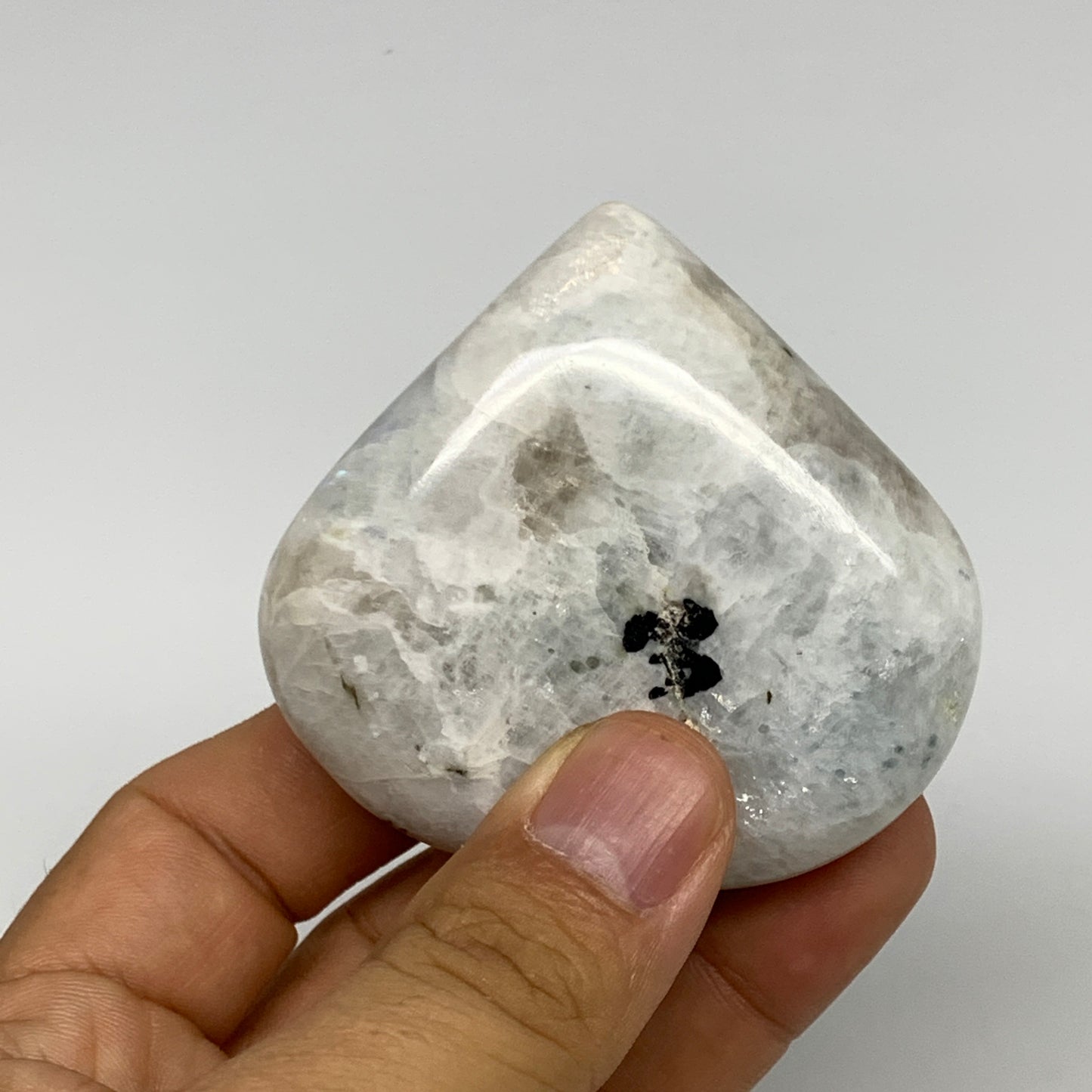 114.6g, 2.3"x2.5"x0.8", Rainbow Moonstone Heart Crystal Gemstone @India, B29747