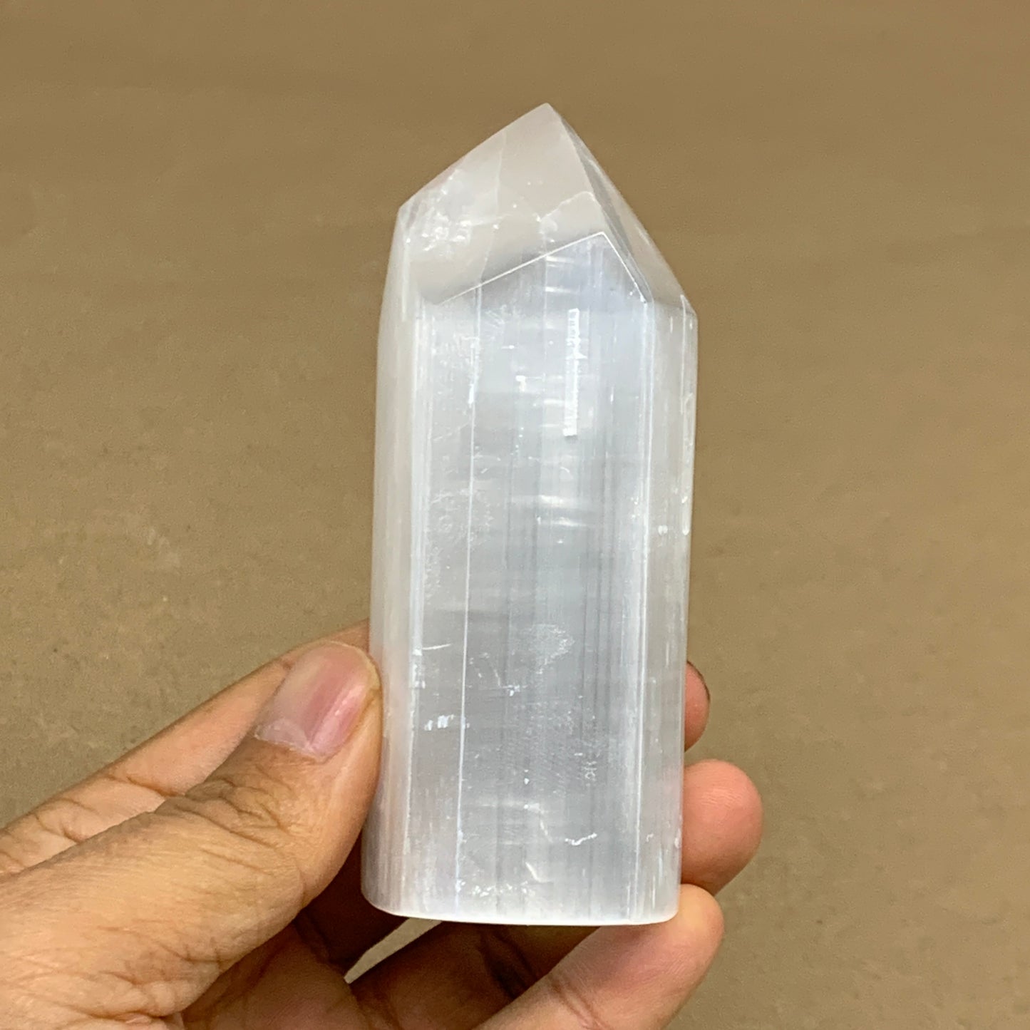 212.6g, 3.9"x1.5", Selenite (Satin Spar) Crystal Tower Point, B36038