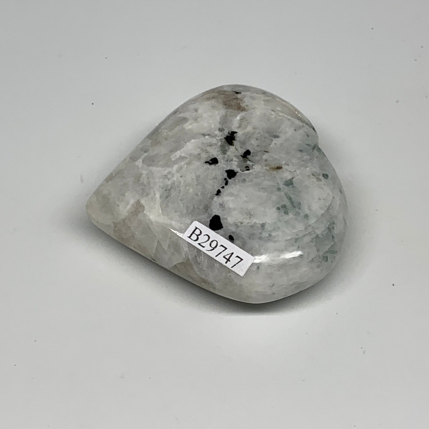 114.6g, 2.3"x2.5"x0.8", Rainbow Moonstone Heart Crystal Gemstone @India, B29747