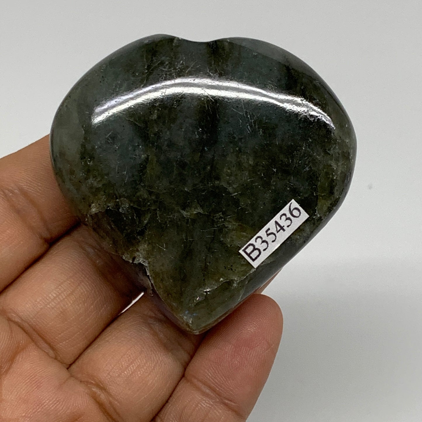 106.9g, 2.2"x2.2"x0.9", Natural Labradorite Heart Polished Crystal, B35436