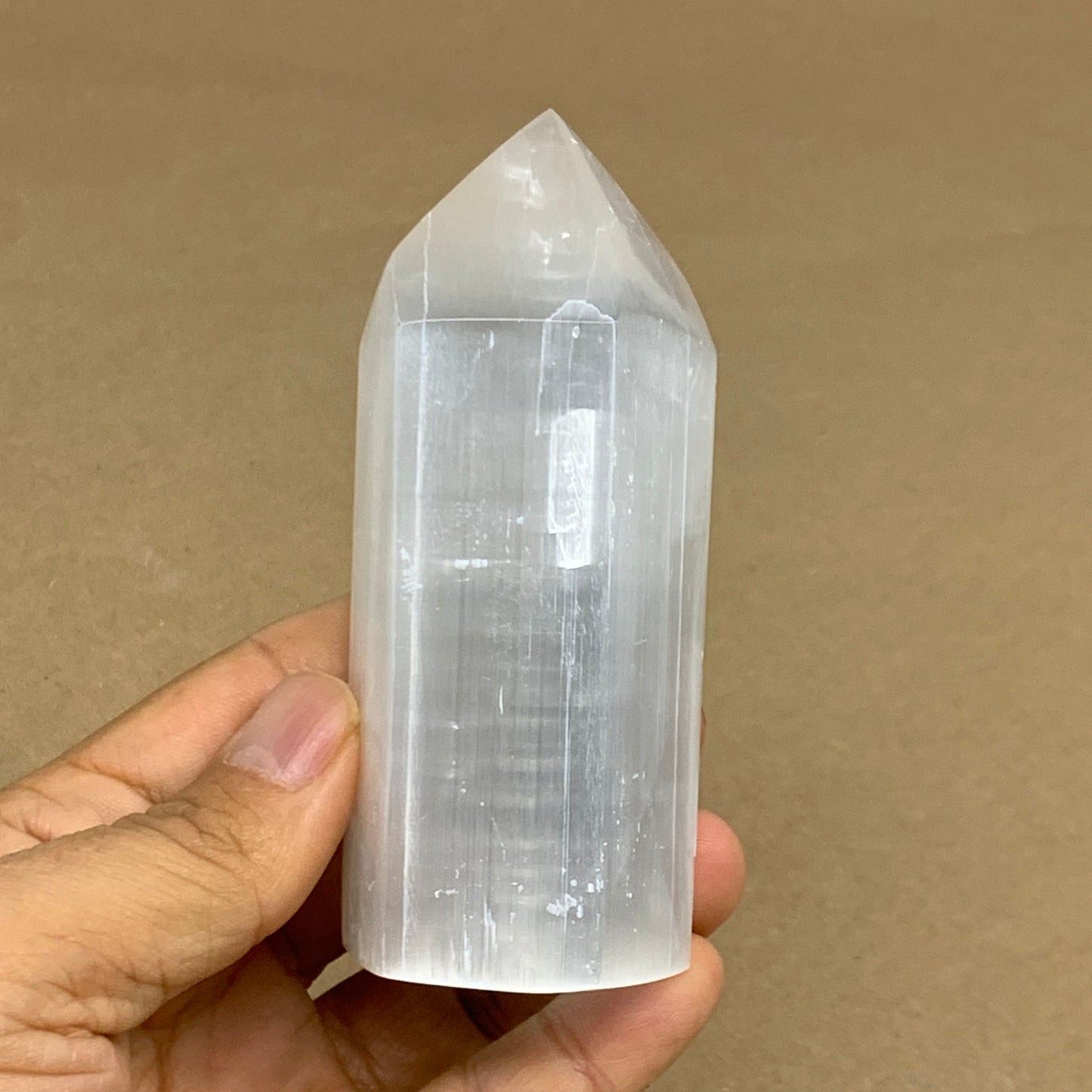 212.6g, 3.9"x1.5", Selenite (Satin Spar) Crystal Tower Point, B36038