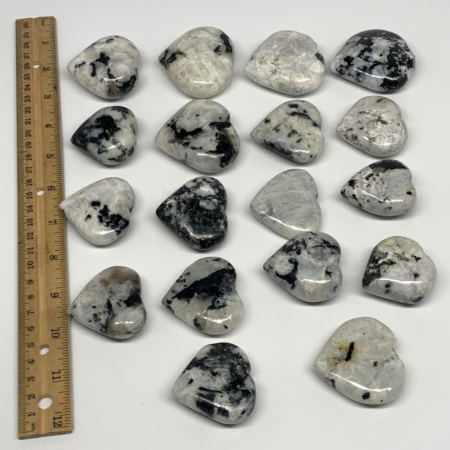 1020g (2.2 lbs) , 18 pcs, 1.6"- 2.1", Rainbow Moonstone Hearts @India, B21739