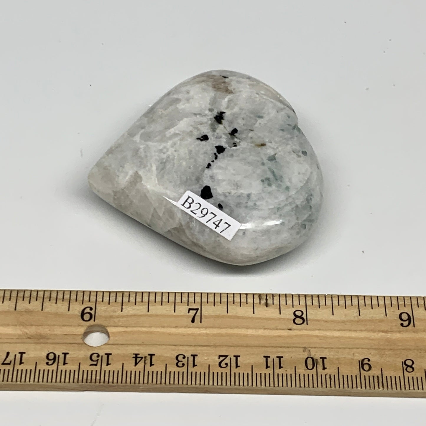 114.6g, 2.3"x2.5"x0.8", Rainbow Moonstone Heart Crystal Gemstone @India, B29747