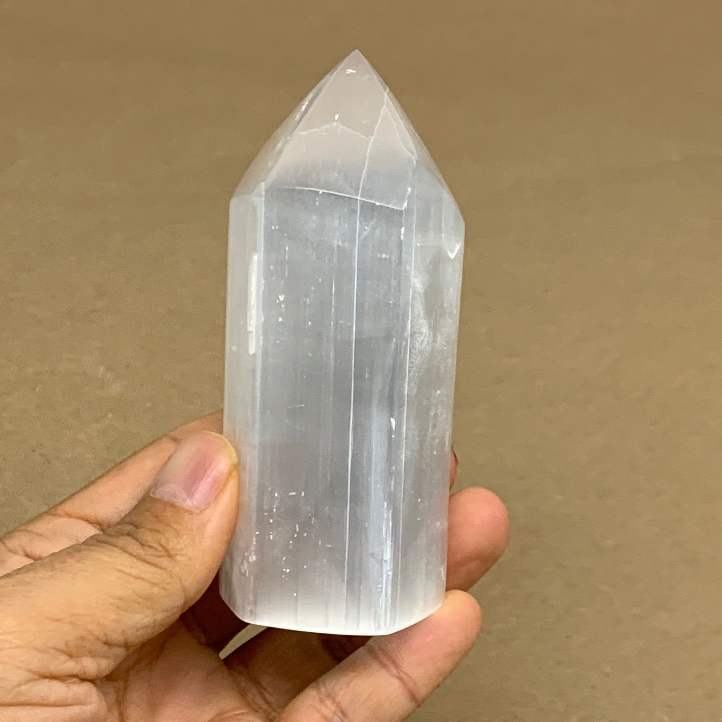212.6g, 3.9"x1.5", Selenite (Satin Spar) Crystal Tower Point, B36038