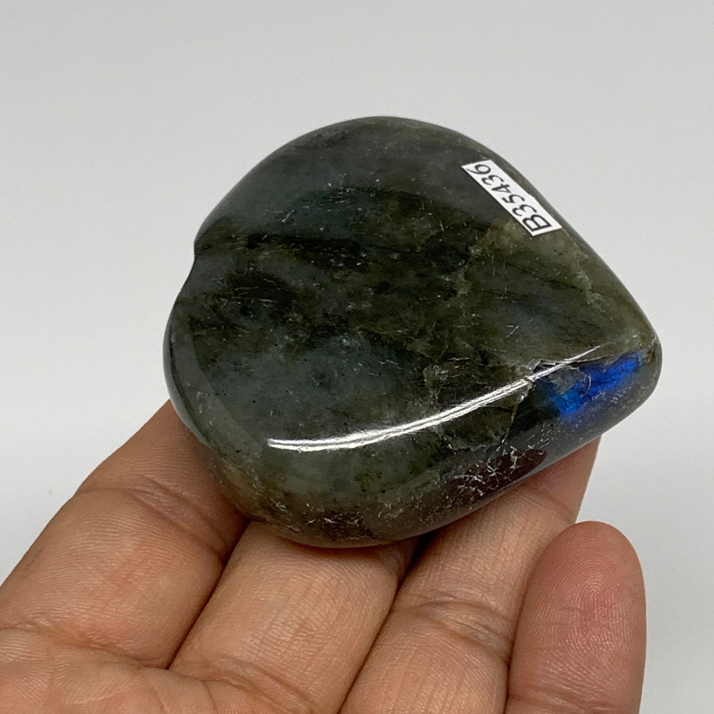 106.9g, 2.2"x2.2"x0.9", Natural Labradorite Heart Polished Crystal, B35436
