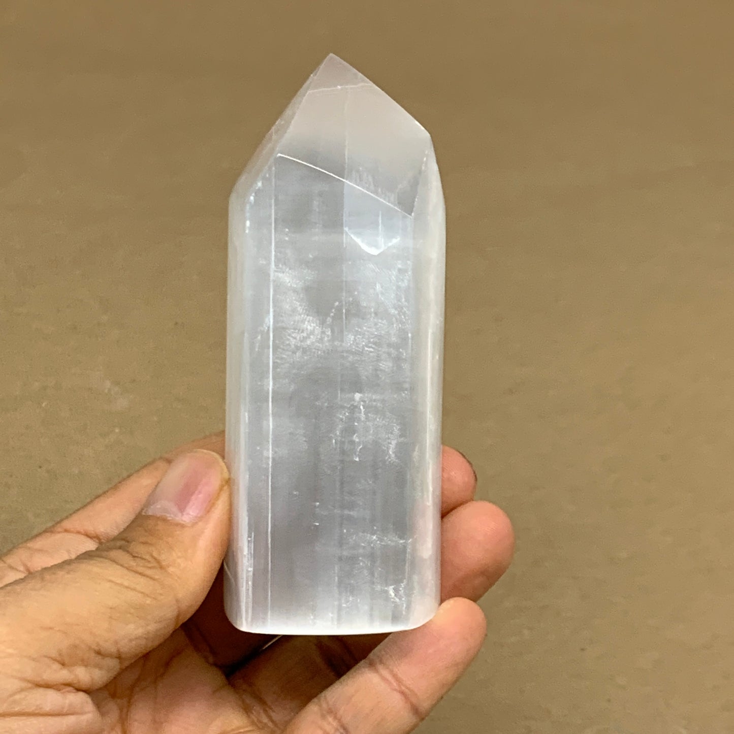 212.6g, 3.9"x1.5", Selenite (Satin Spar) Crystal Tower Point, B36038