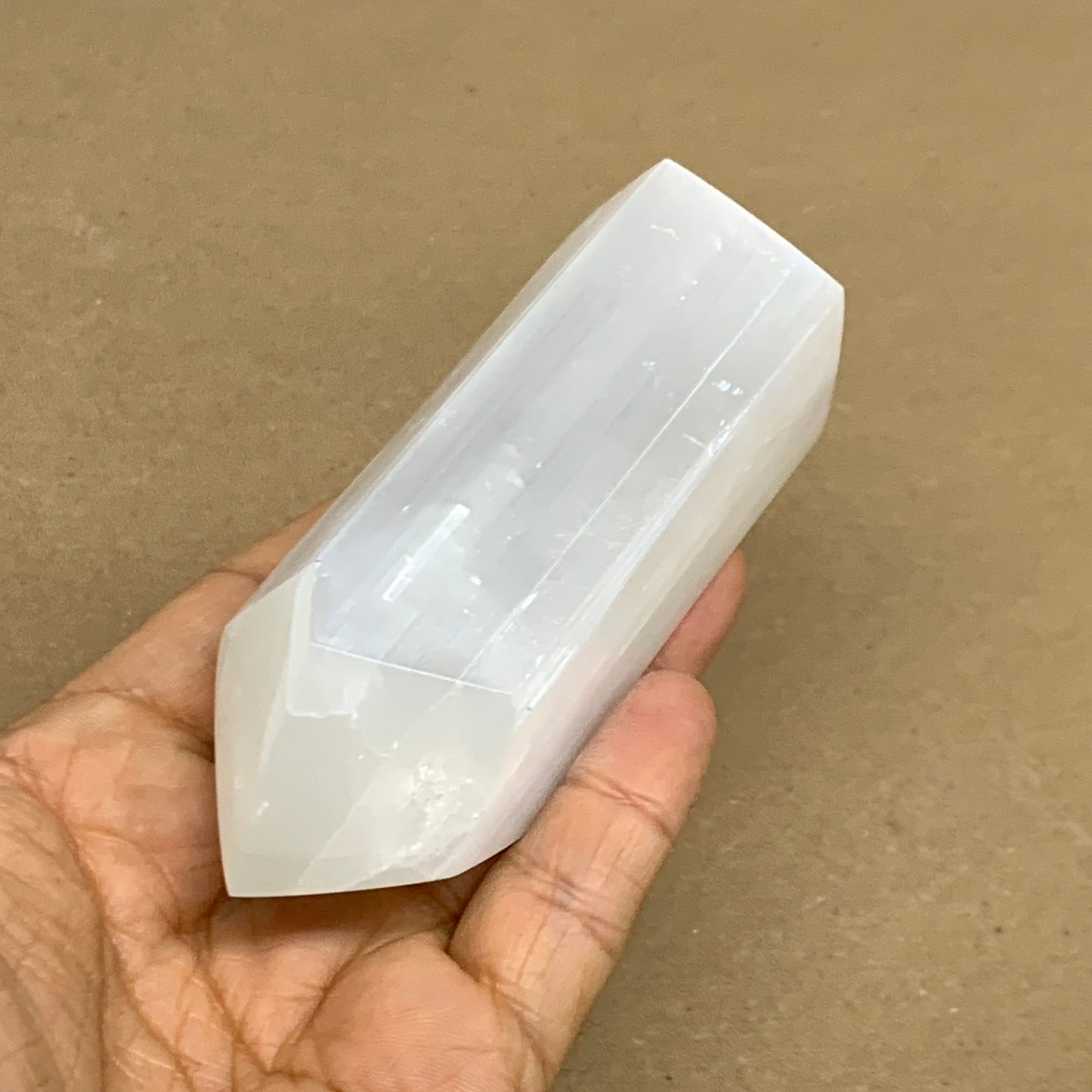 212.6g, 3.9"x1.5", Selenite (Satin Spar) Crystal Tower Point, B36038