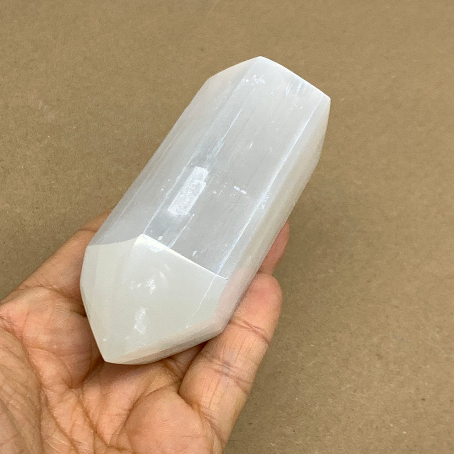 212.6g, 3.9"x1.5", Selenite (Satin Spar) Crystal Tower Point, B36038