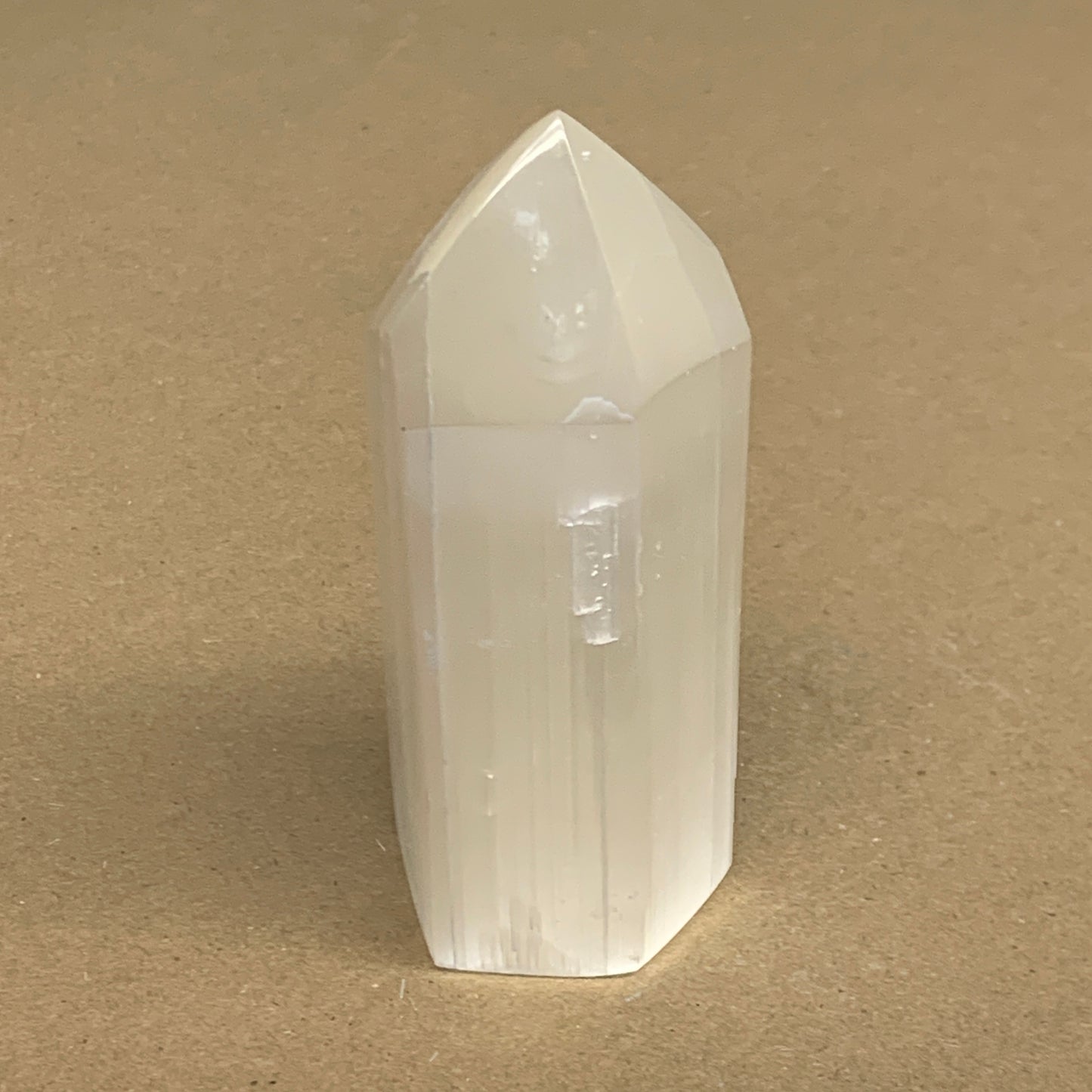 212.6g, 3.9"x1.5", Selenite (Satin Spar) Crystal Tower Point, B36038