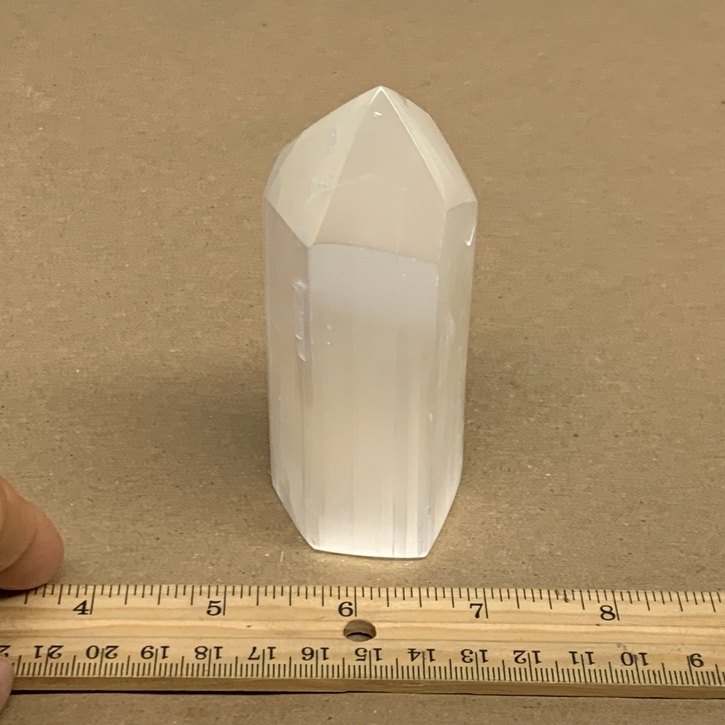 212.6g, 3.9"x1.5", Selenite (Satin Spar) Crystal Tower Point, B36038