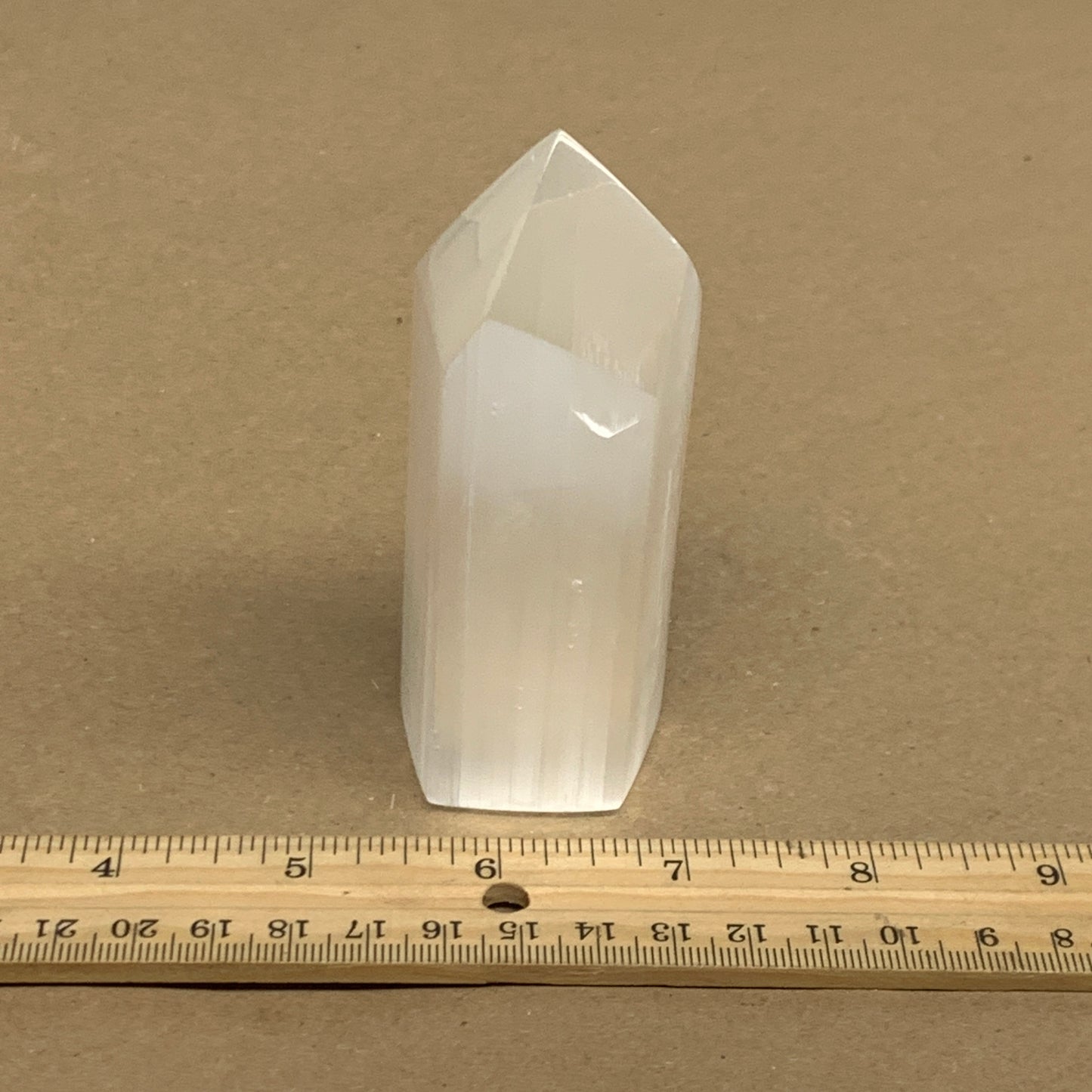 212.6g, 3.9"x1.5", Selenite (Satin Spar) Crystal Tower Point, B36038