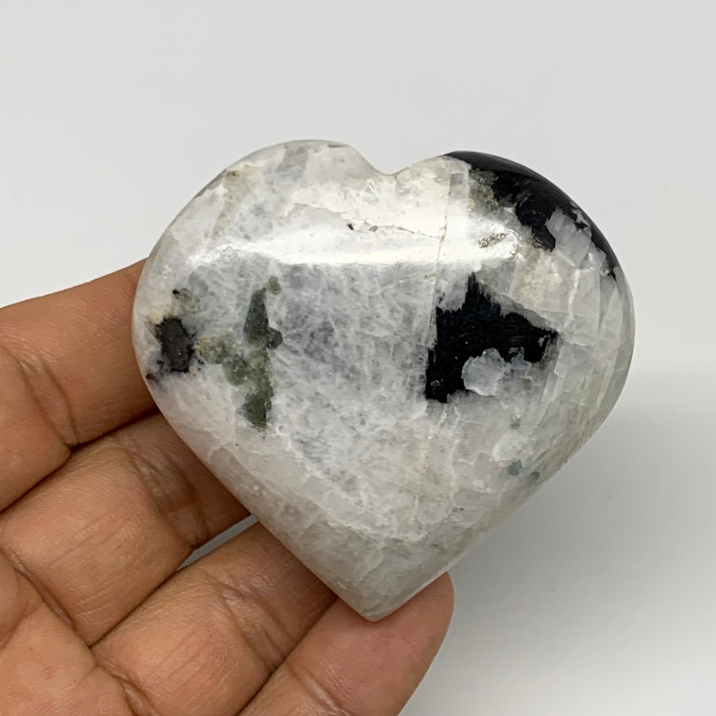 109.3g, 2.2"x2.3"x0.9", Rainbow Moonstone Heart Crystal Gemstone @India, B29749