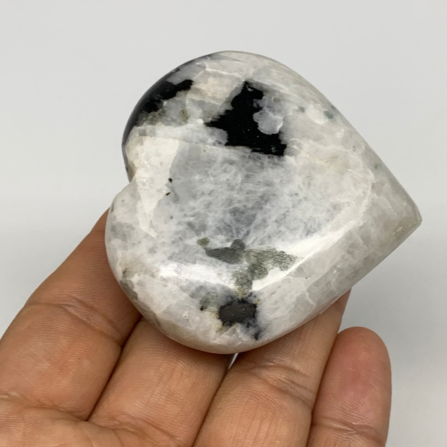 109.3g, 2.2"x2.3"x0.9", Rainbow Moonstone Heart Crystal Gemstone @India, B29749