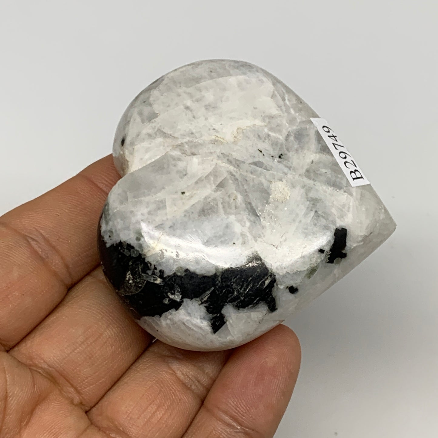 109.3g, 2.2"x2.3"x0.9", Rainbow Moonstone Heart Crystal Gemstone @India, B29749